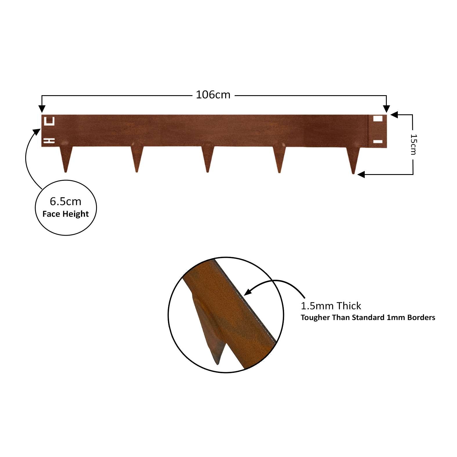 Metal Lawn Edging Garden Border - 5 Pieces | 5m | Rust