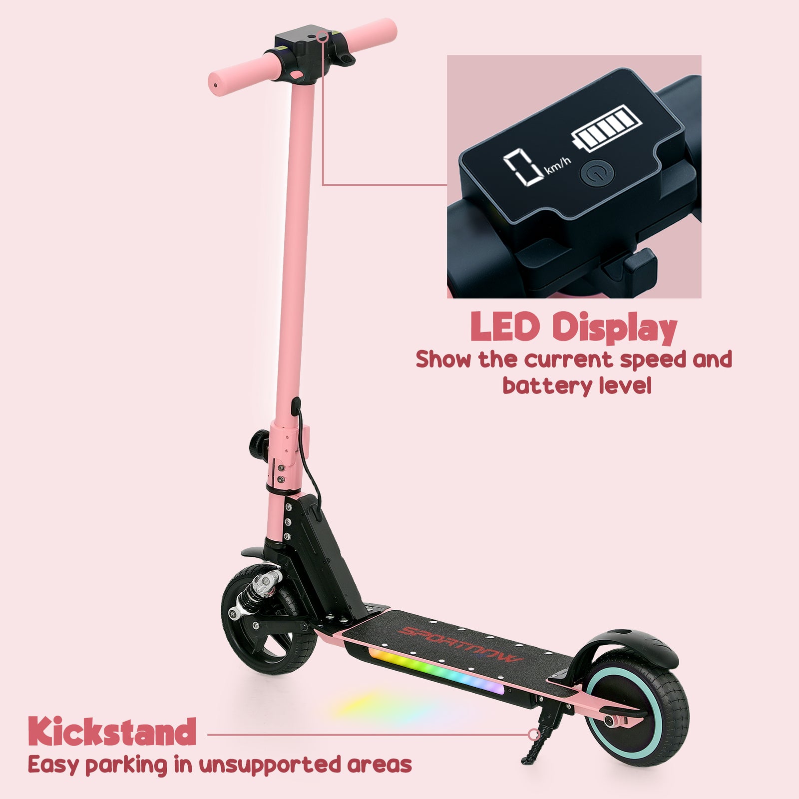 Folding Electric Scooter W/ Led Lights And Display | Pink