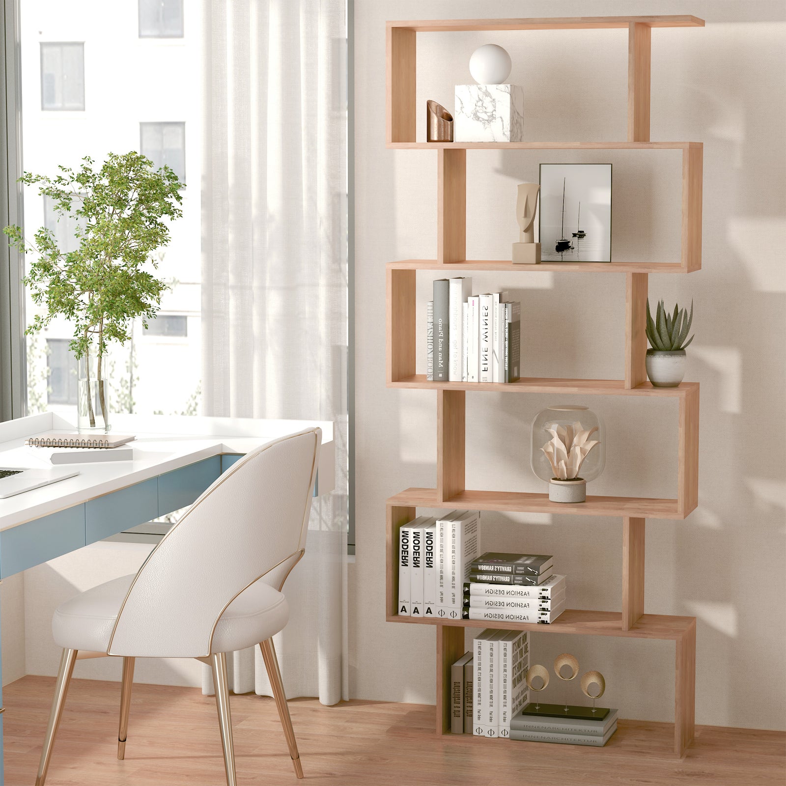 6-tier Wooden Modern S-shaped Shelf Storage Unit Home Office | One Size | Brown