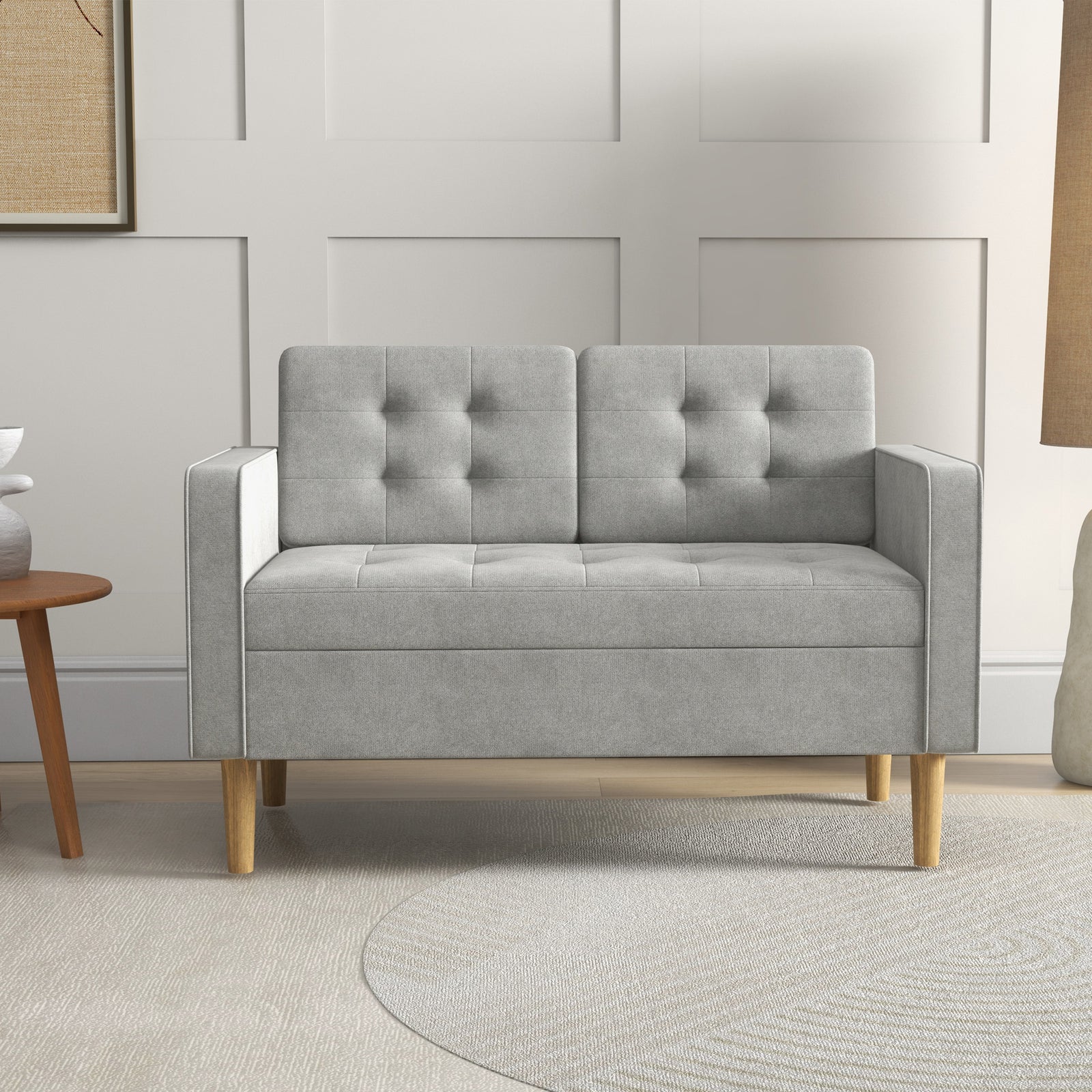 Compact Loveseat 2 Seater Sofa With Storage Wood Legs | One Size | Charcoal Gray