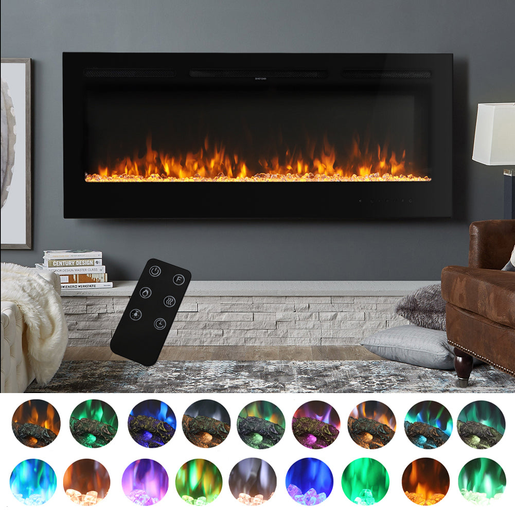 50/60-inch Recessed & Wall Mounted Electric Fireplace, 1800w Black Heater With 12-colour Flame, Log & Crystal Bed, Remote Control & Timer | Small
