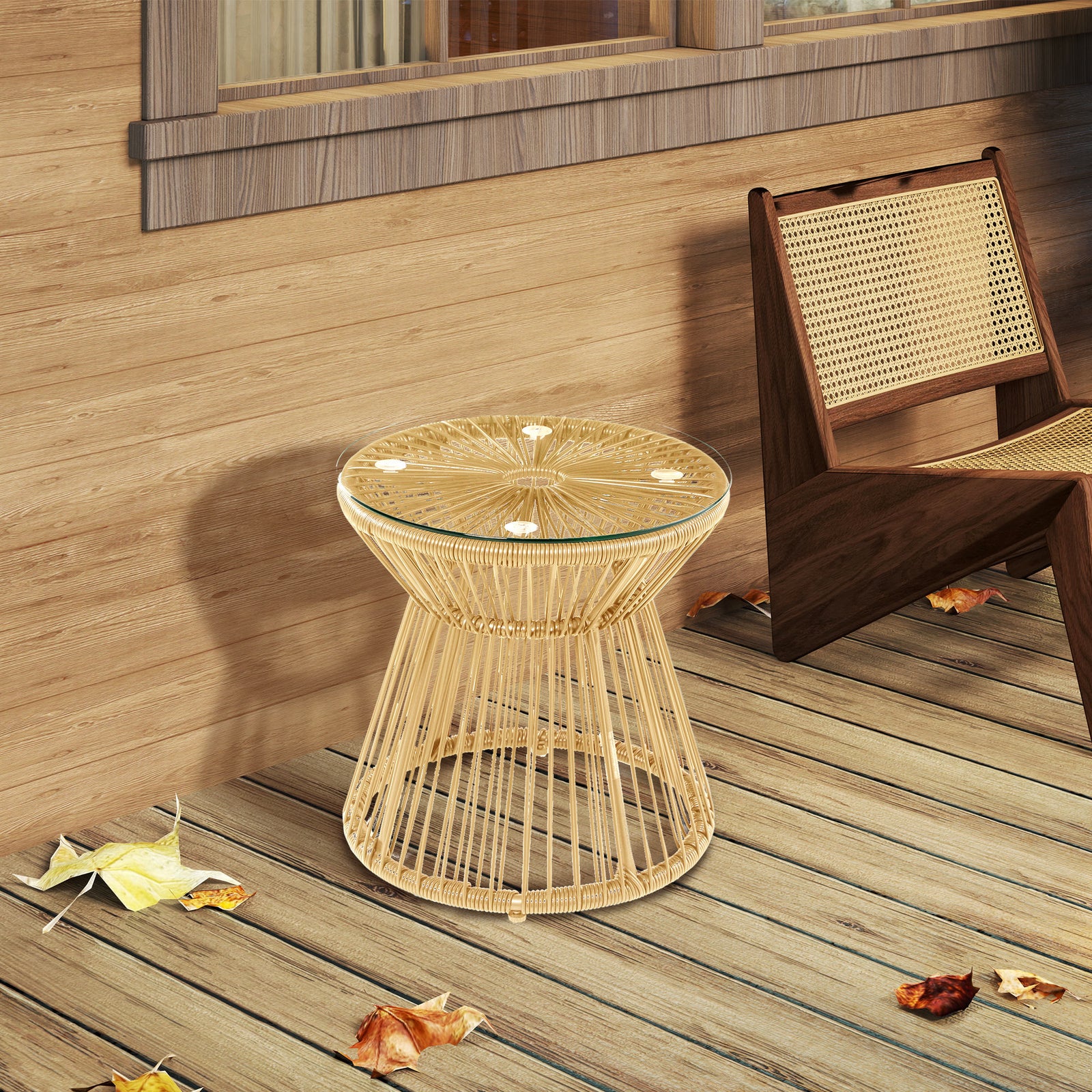 Pe Rattan End Table, Round Side Table, Tempered Glass Top