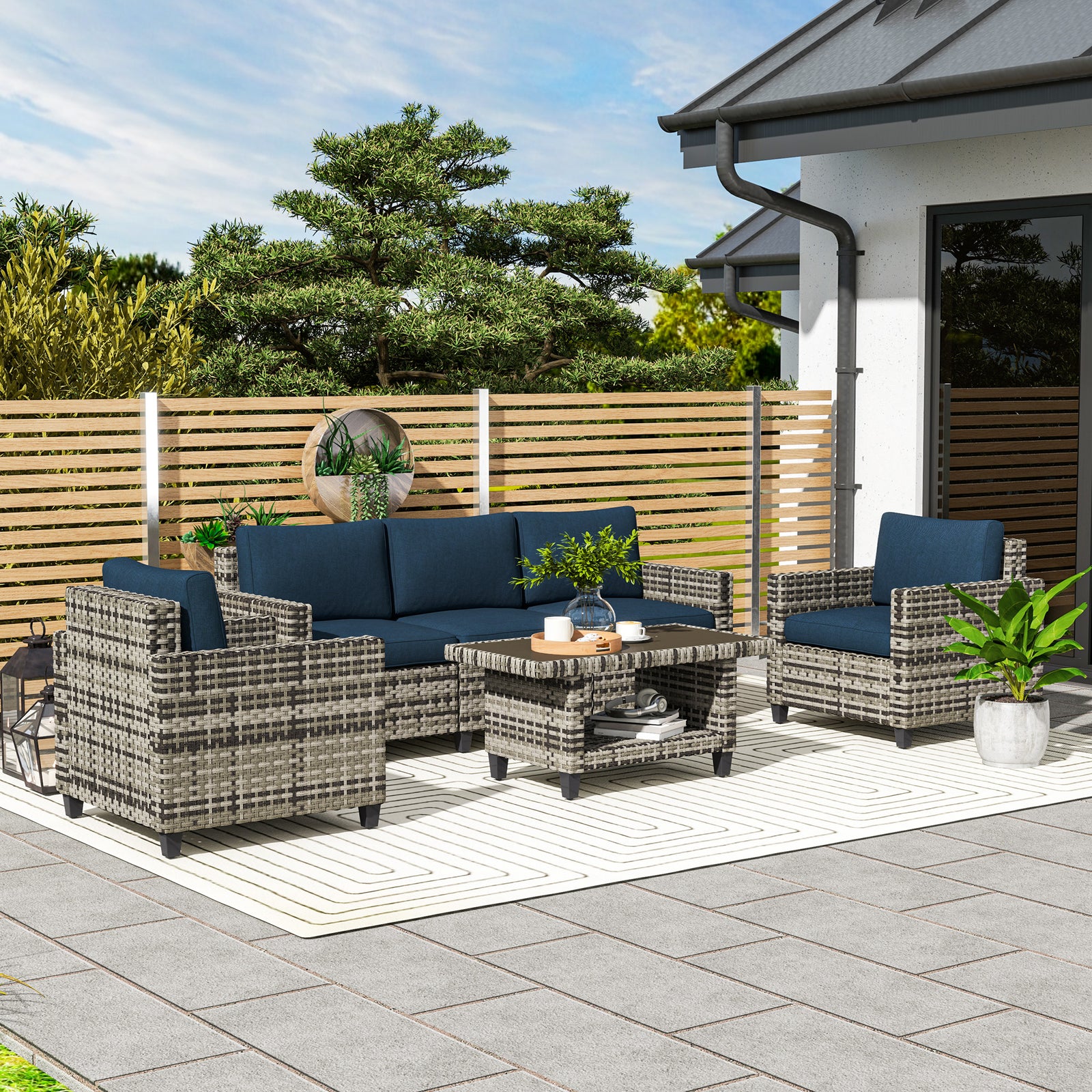 5 Seater Wicker Outdoor Furniture Set For Balcony, Navy Blue