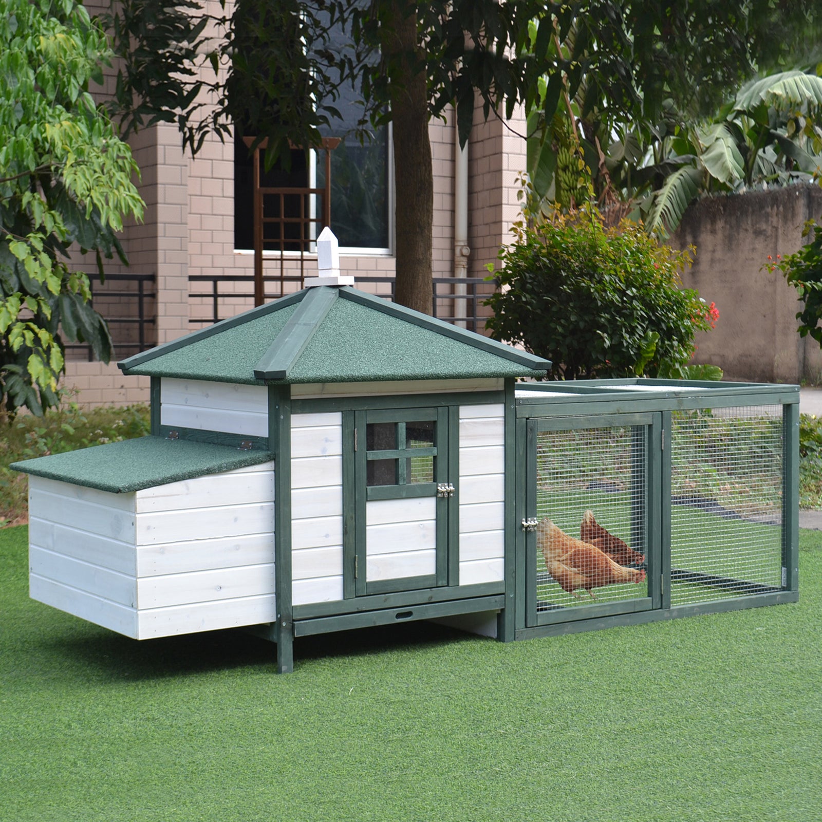 Pawhut Chicken Coop Hen Poultry House W/ Nesting Box Outdoor Run Patio Wooden | Green