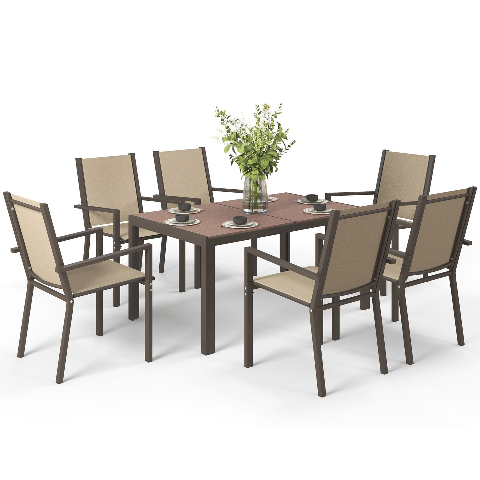 7 Pcs Garden Dining Set, Wood-plastic Table & 6 Chairs | Khaki