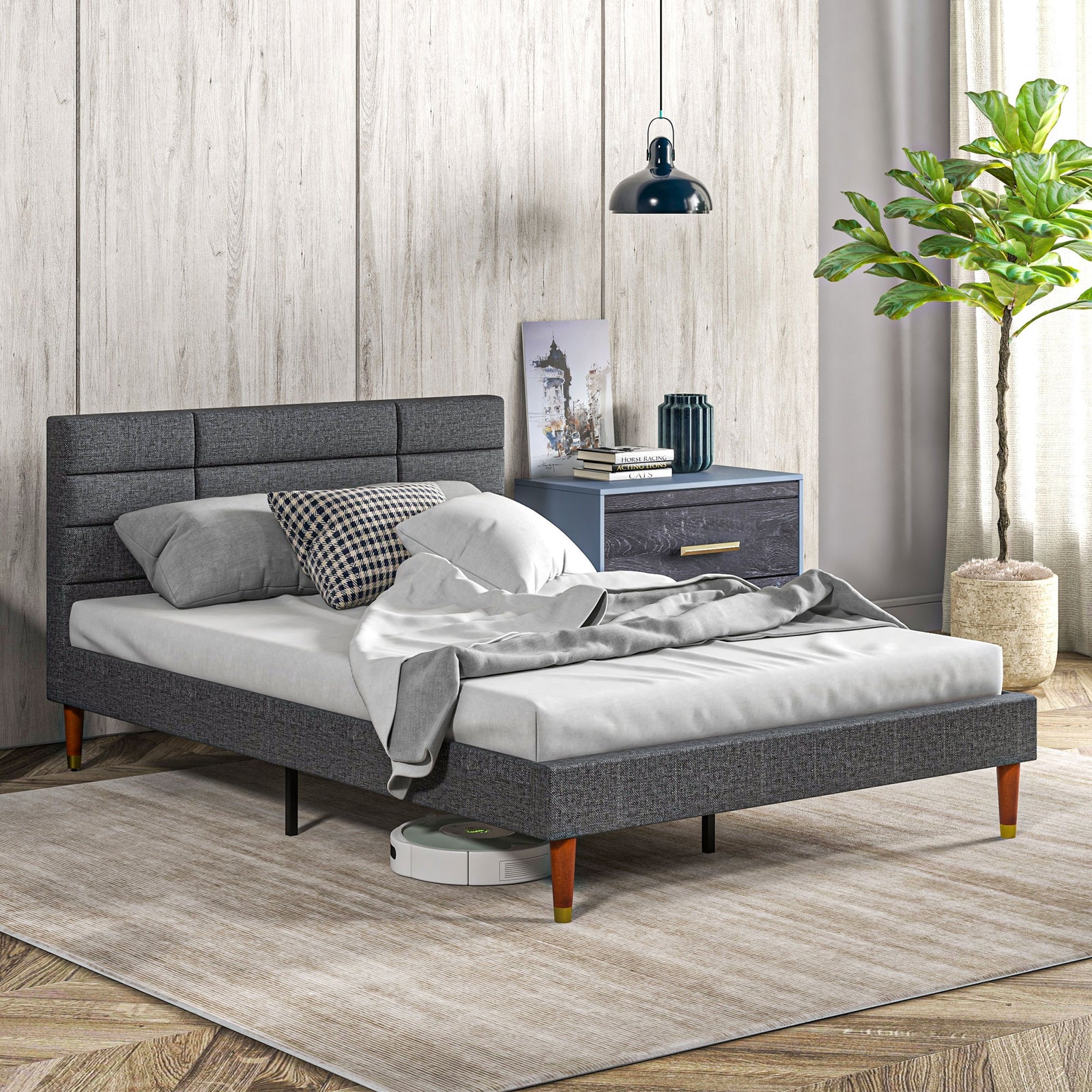 Single/double/king Upholstered Bed Frame With Wooden Slat | Double