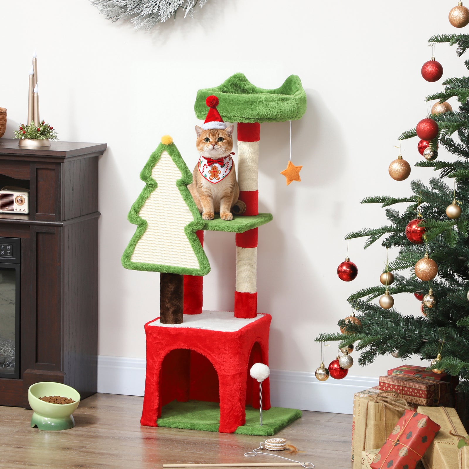 103cm Christmas Cat Tower With Scratching Post And Board, Green