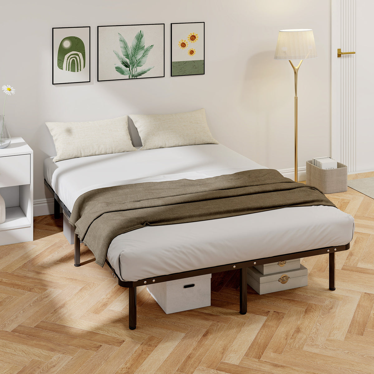 HOMCOM 4ft6 Double Bed Frame, Metal Platform Bed Frame With 28 Wood Slats
