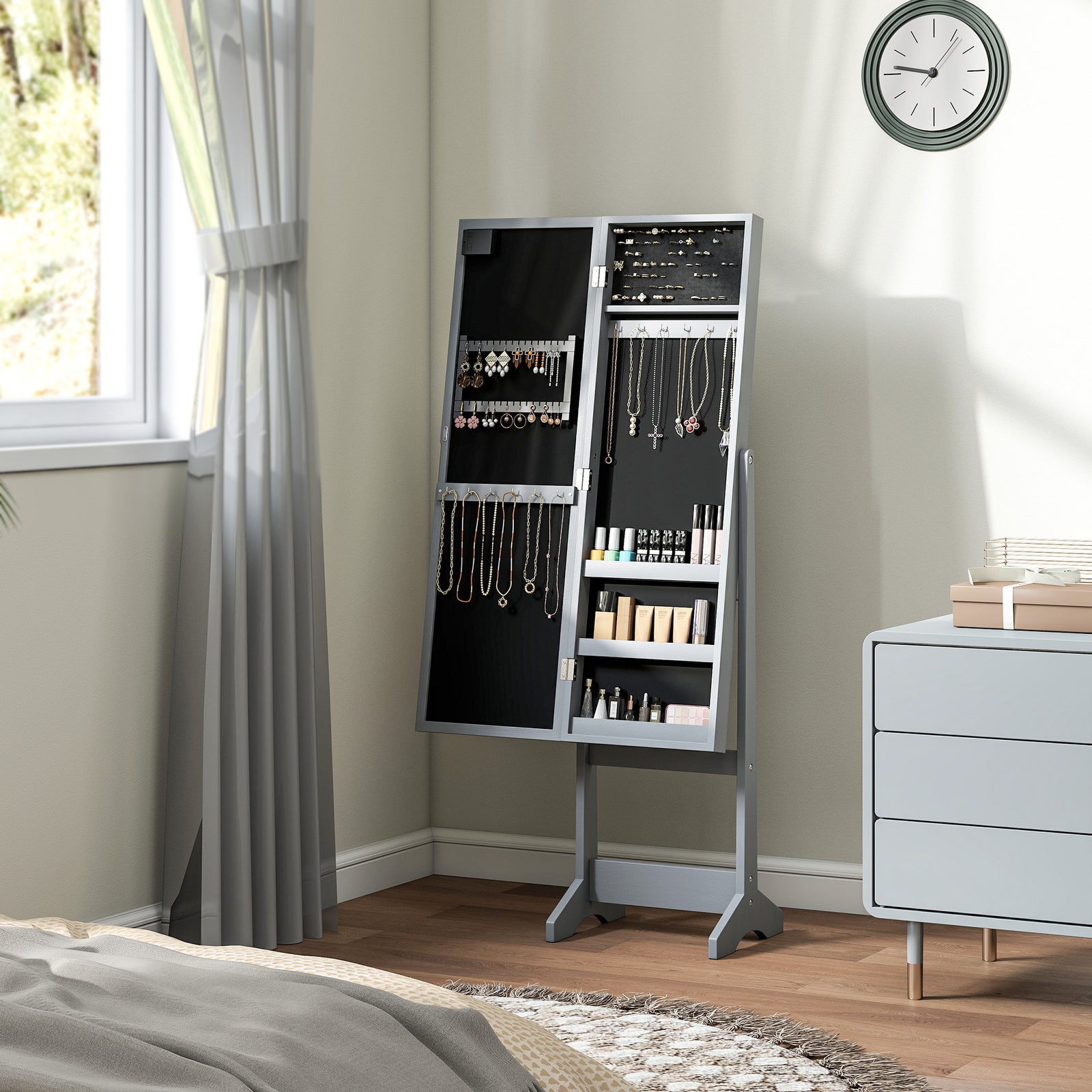 Freestanding Mirror Jewelry Cabinet With Led Lights | Grey