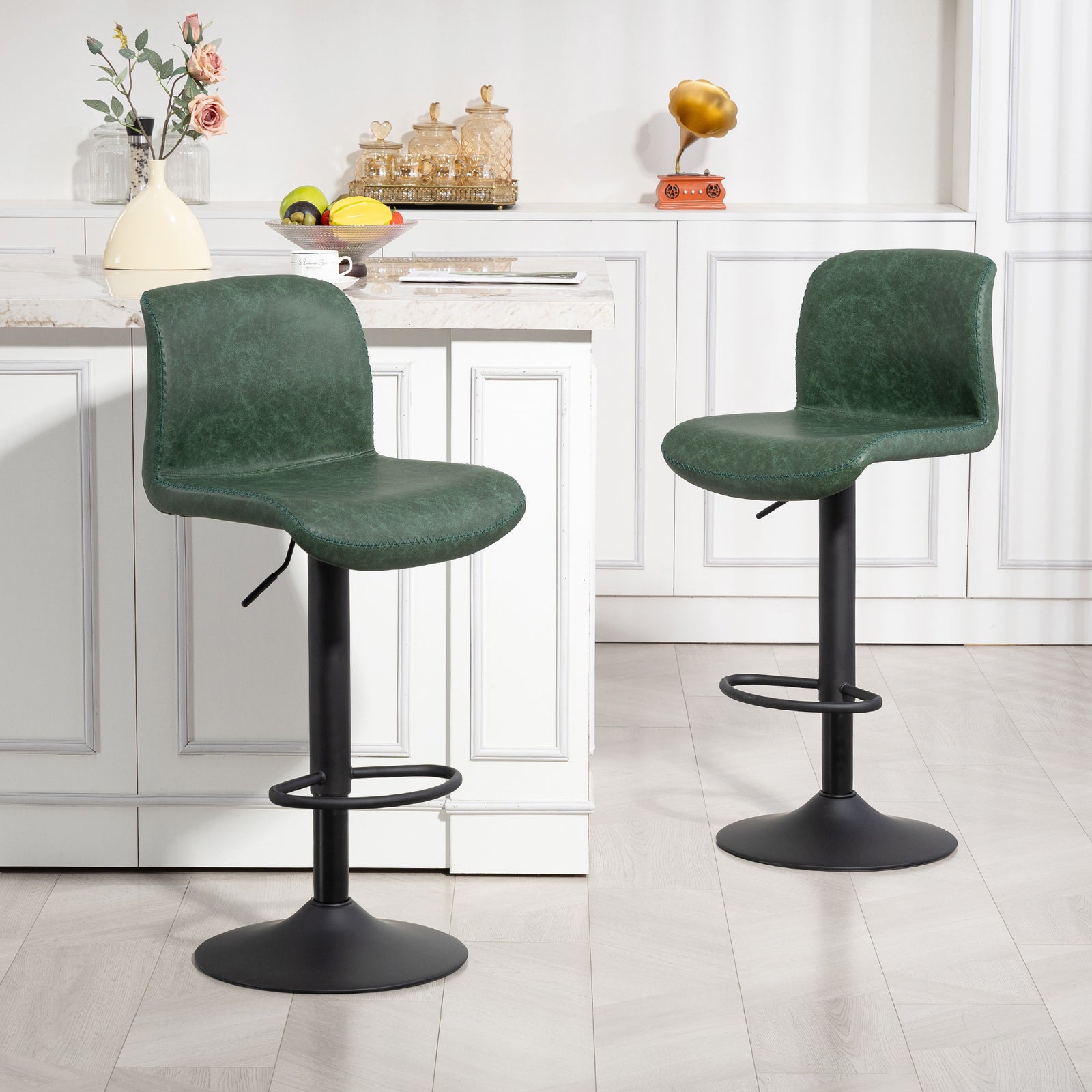 Barstools Set Of 2, Dining Stools With Backrest And Footrest | Green