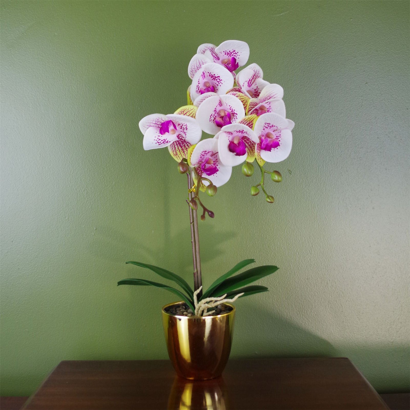 Artificial 48cm Harlequin Orchid Pink With Gold Pot
