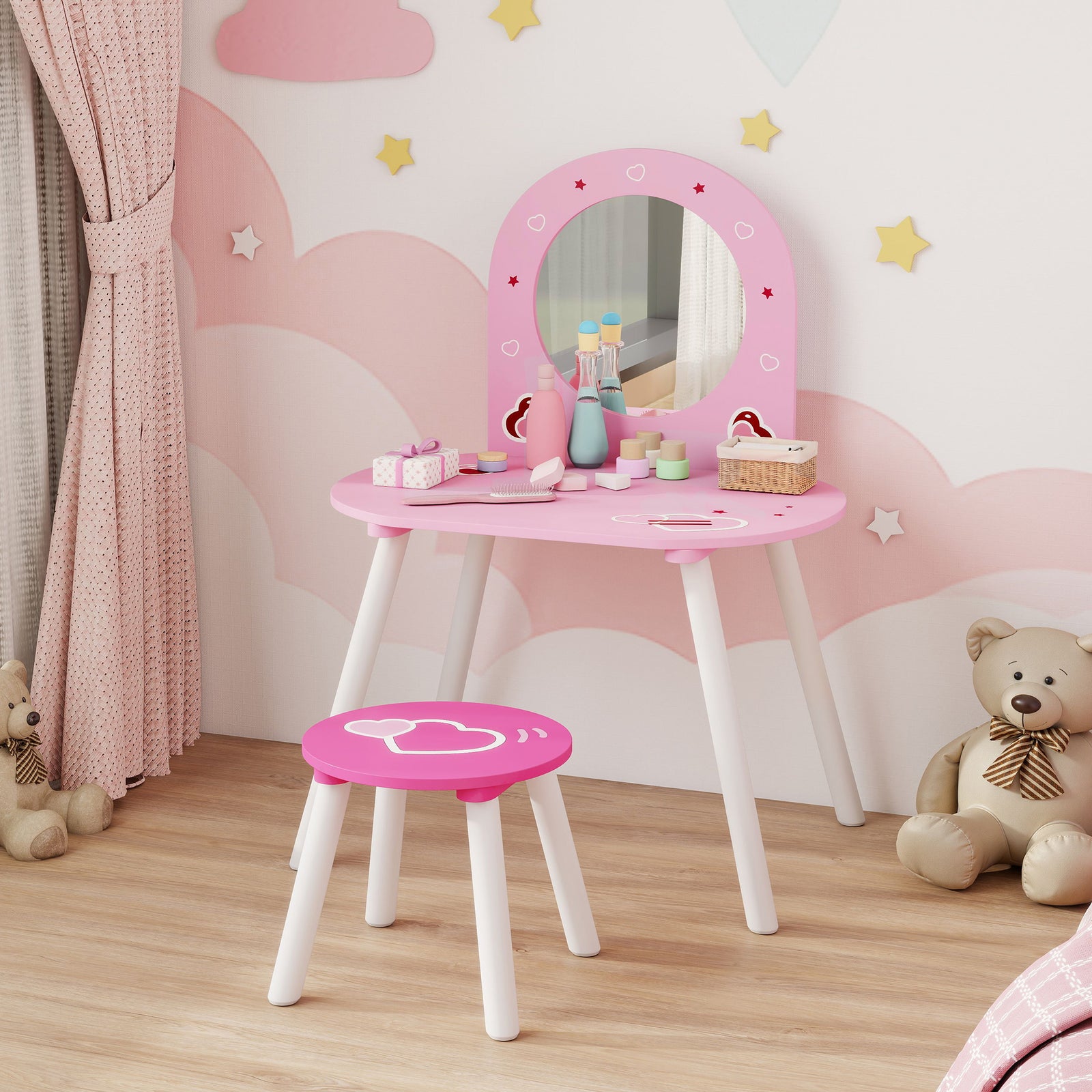 Kids Dressing Table With Mirror And Stool, Girls Vanity Set, Pink
