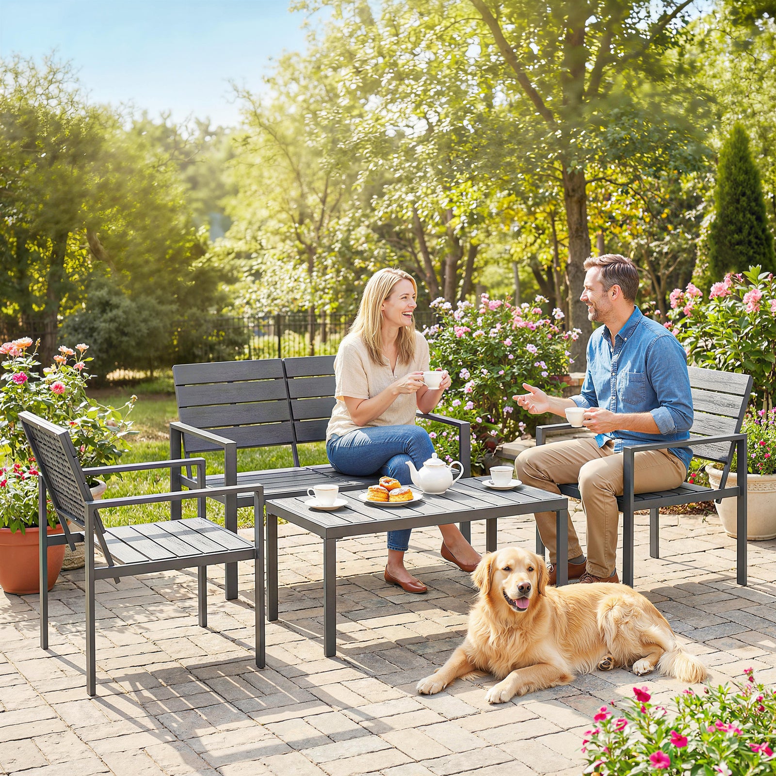 4 Piece Garden Furniture Set, Hdpe Metal Outdoor Sofa | Dark Grey
