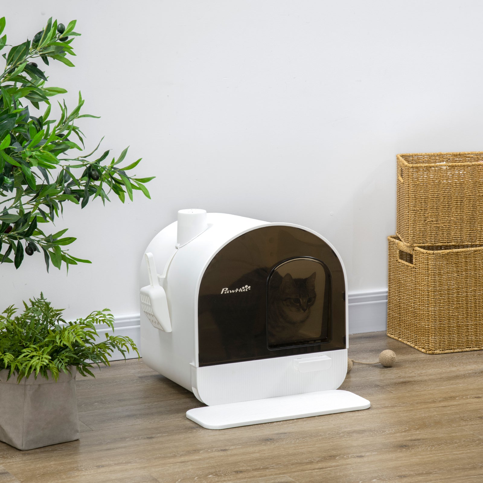 Cat Litter Box W/ Hood, Scoop, Filter, Flap Door | White