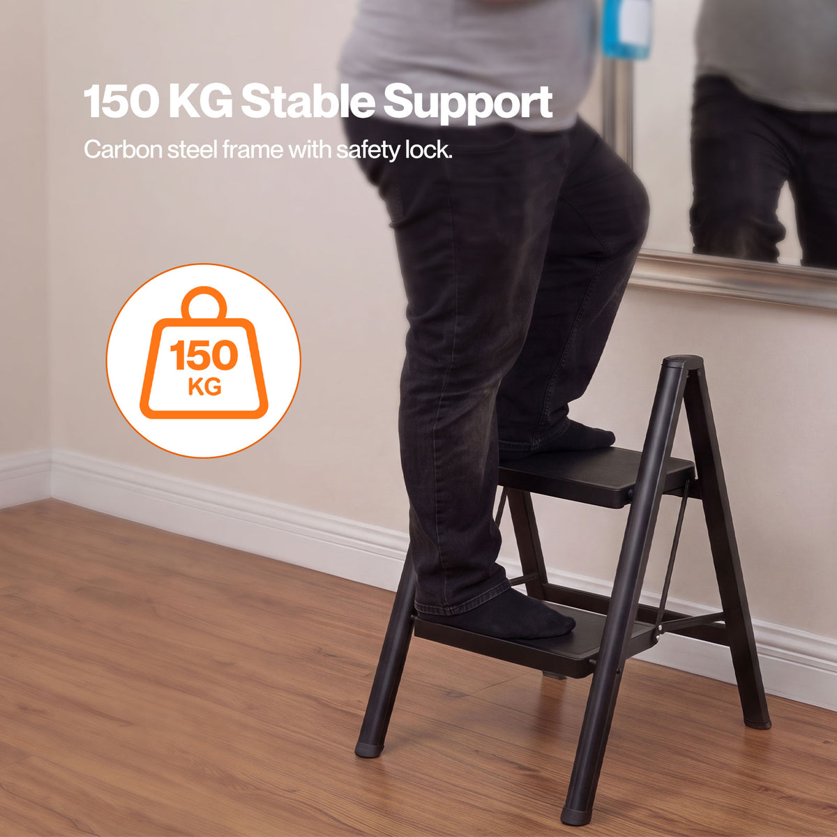 Small Step Ladder Foldable 150kg Carbon Steel Kitchen Steps Black | Black