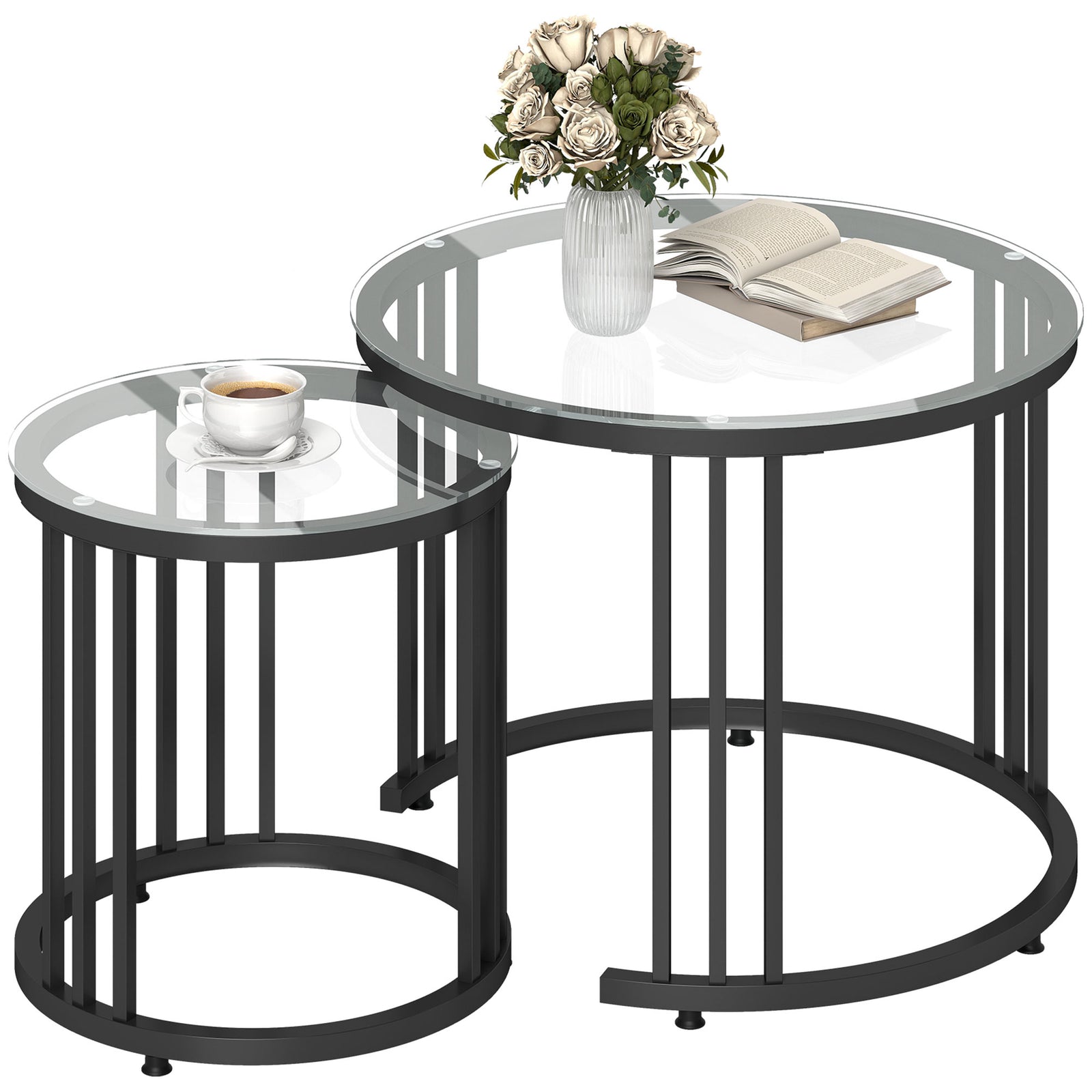 HOMCOM 2 Pieces Round Nesting Coffee Tables With Tempered Glass Top, Black
