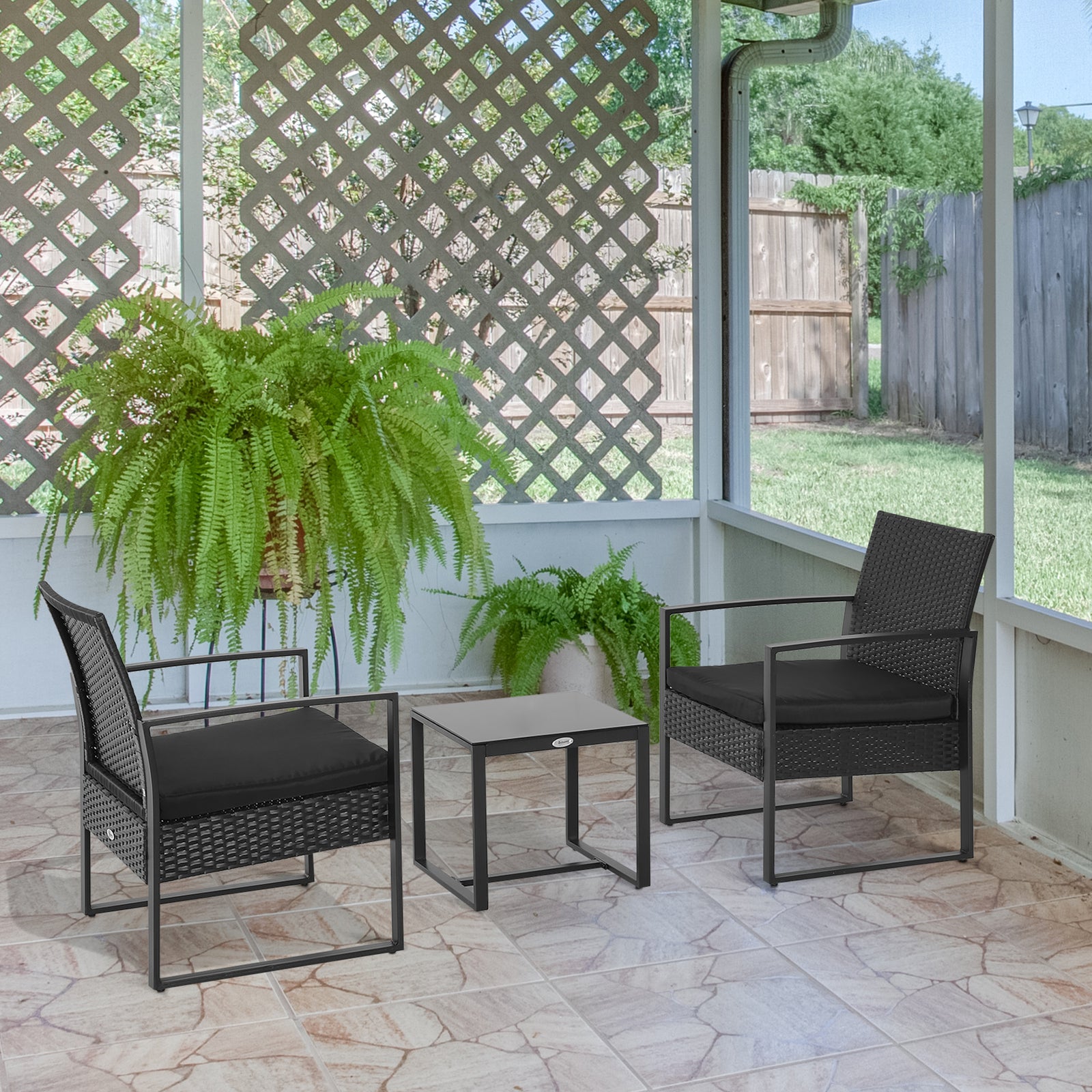 3pc Rattan Patio Bistro Set 2 Chairs Coffee Side Table Set | Black
