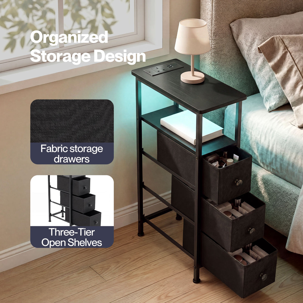 Slim Bedside Table With Charging Station 3 Drawers For Bedroom Black | Black