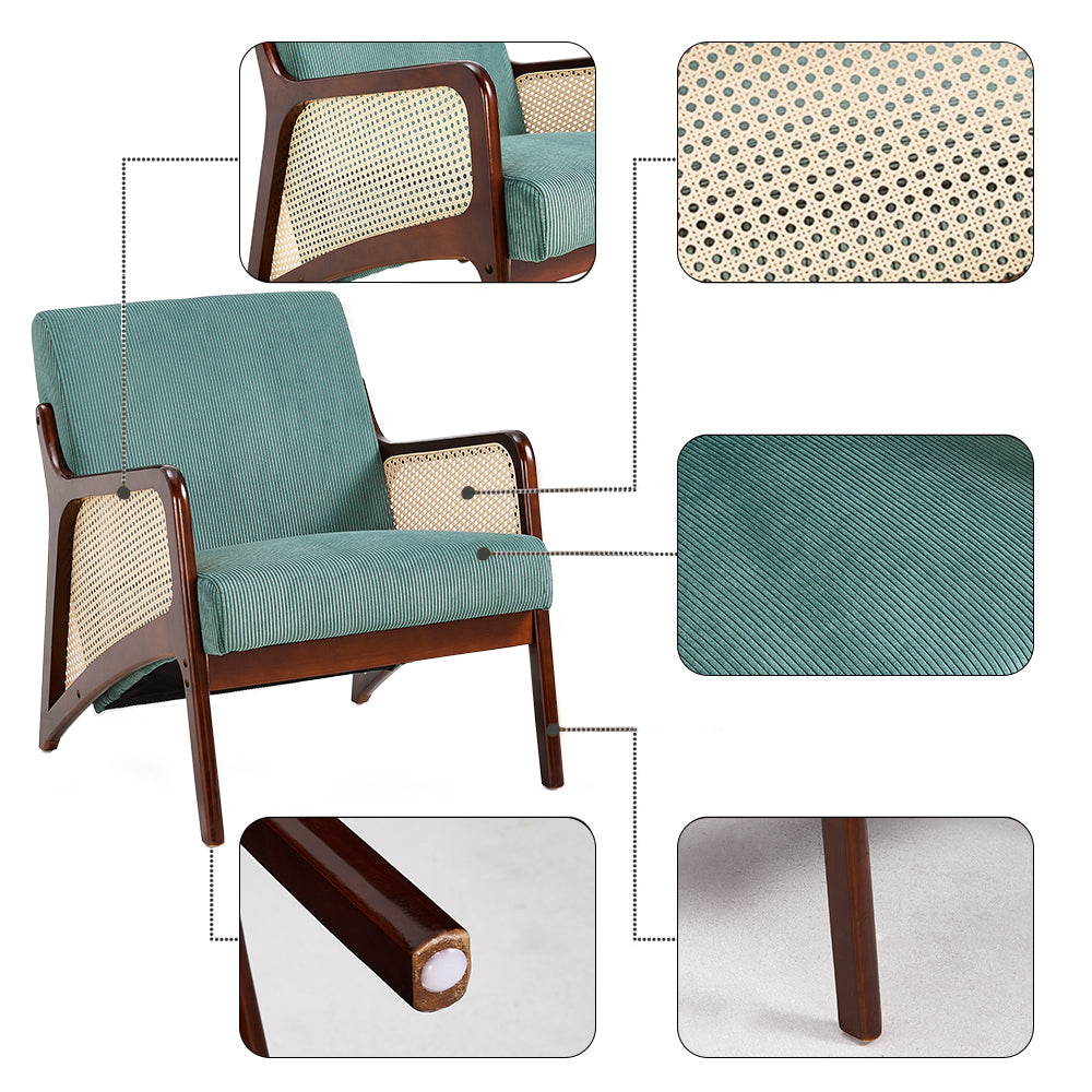 Corduroy Armchair With Rattan-weave Side Panels – Accent Chair With Rubberwood Legs | Green