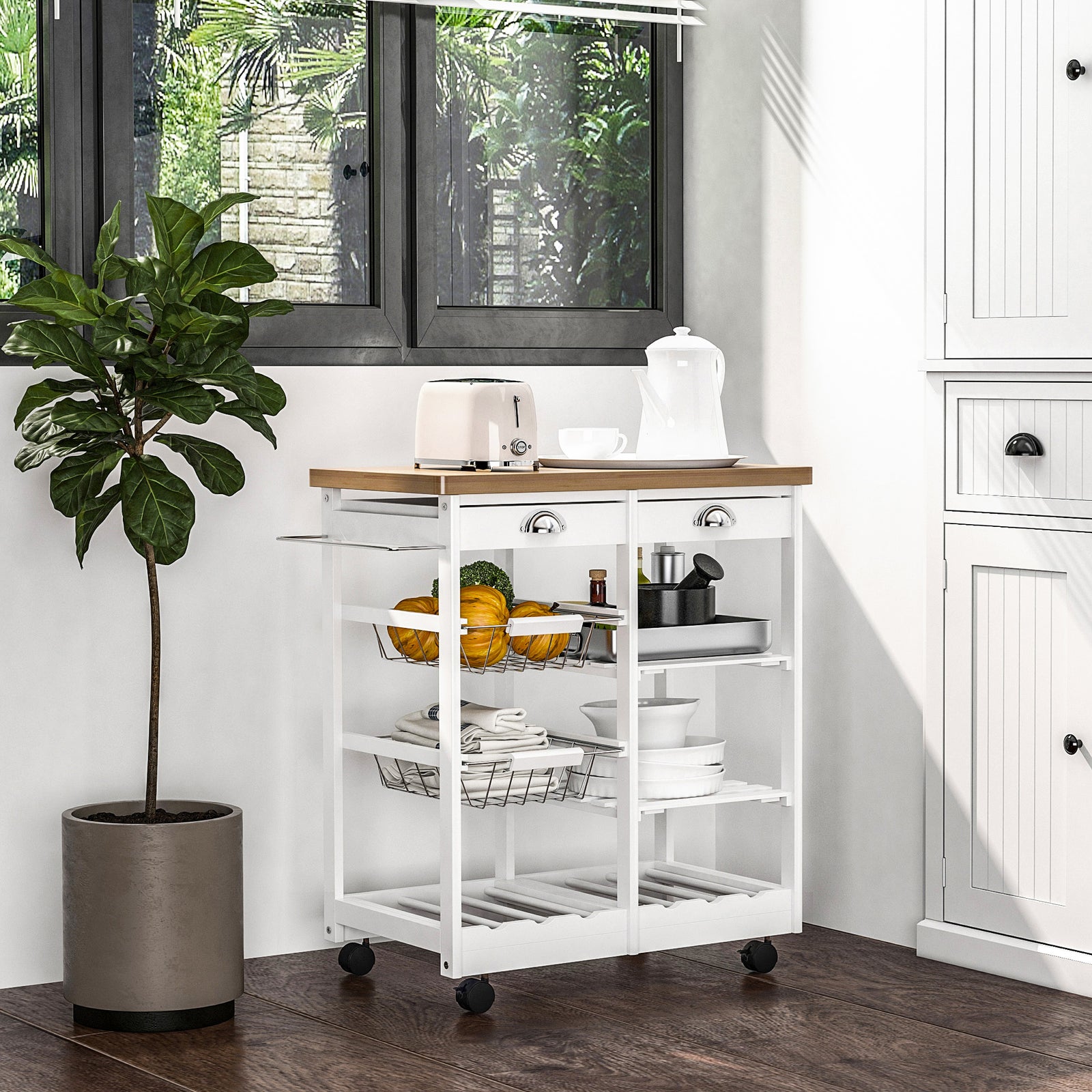 Serving Trolley With Drawer, Shelves, Basket