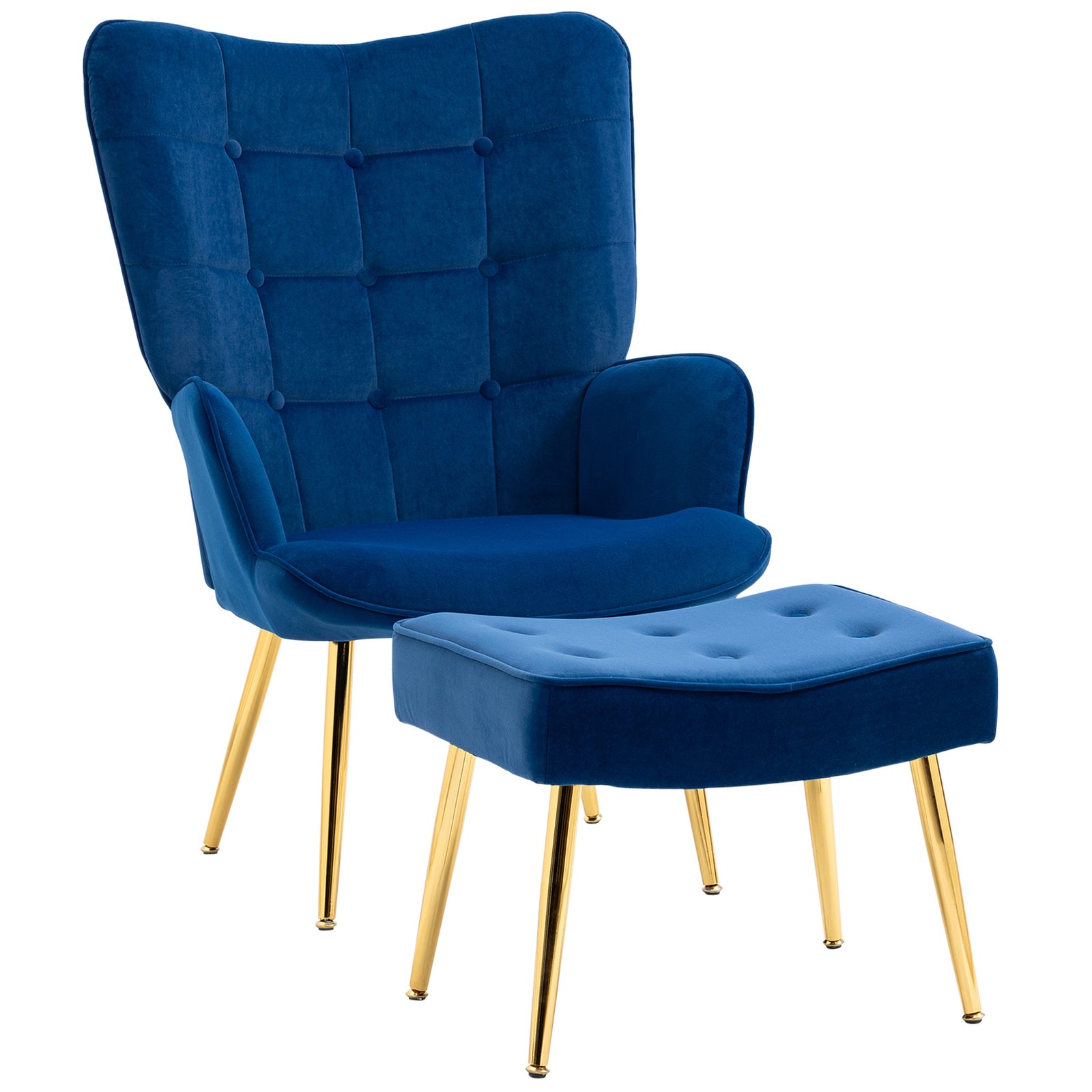 Button Tufted Armchair With Footstool Gold Tone Steel Legs | One Size | Blue