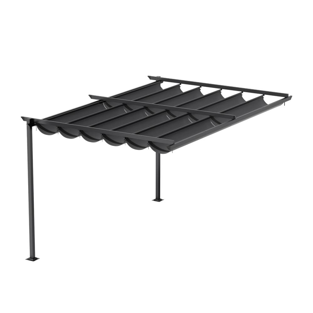 3x3m/3x4m Lean To Pergola With Retractable Roof With Pa-coated Polyester Canopy Wall Mounted Garden Gazebo Outdoor Sun Shade Shelter For Patio | 3m x 3m | Dark Grey