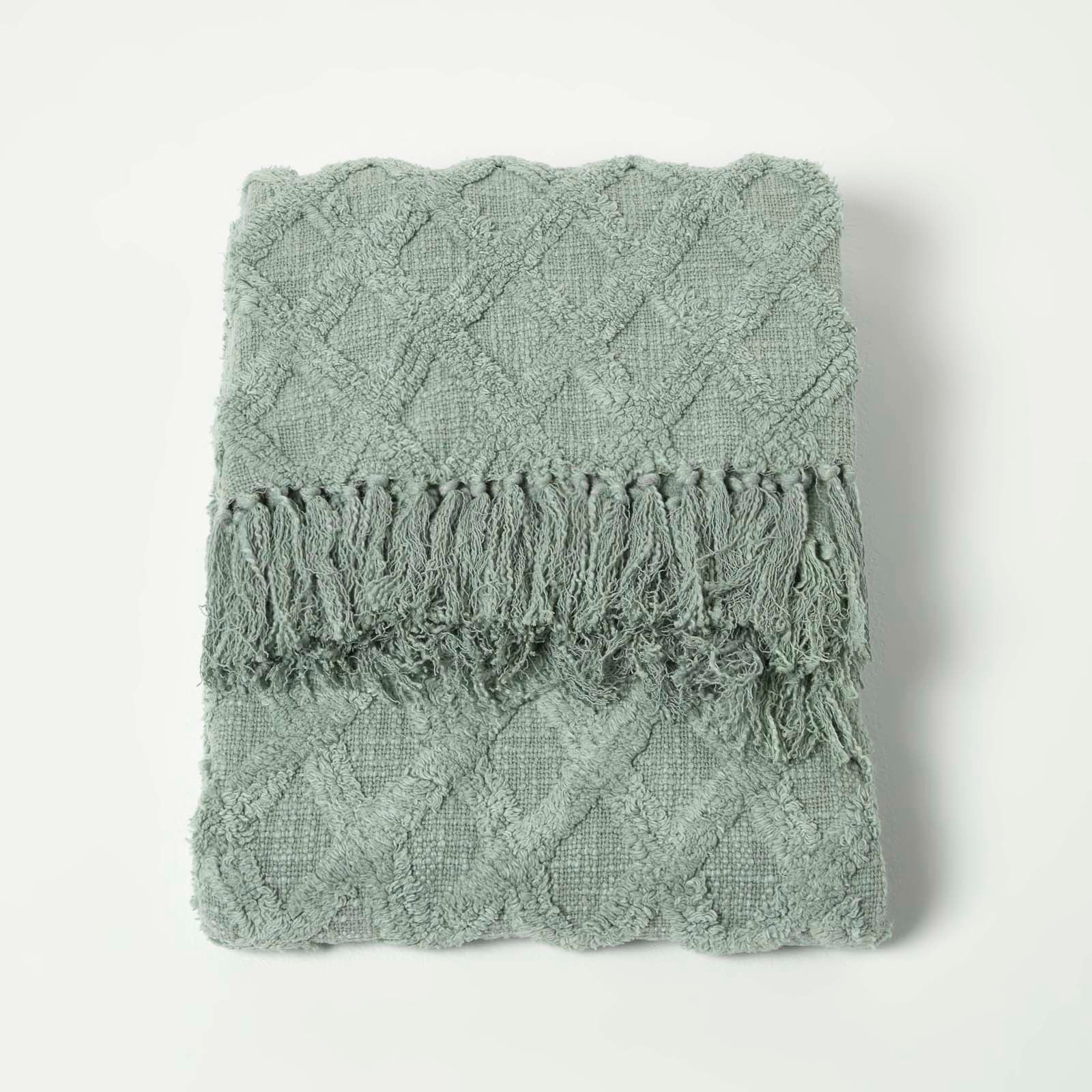 Diamond Textured Pattern Cotton Tufted Throw | 125cm x 150cm | Green