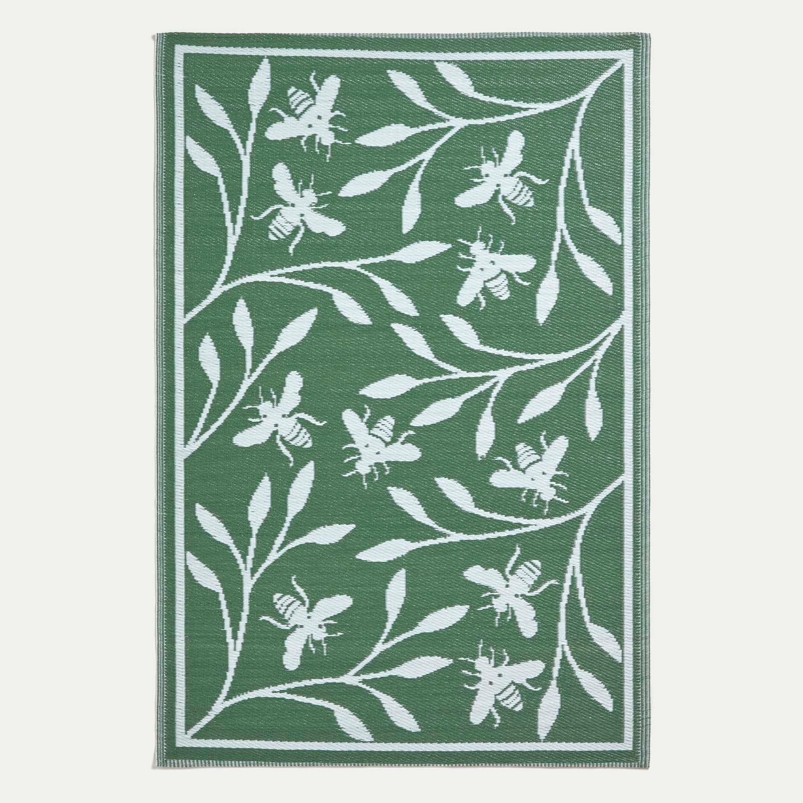 Luxury Outdoor Rug Waterproof Reversible For Garden Patio, Green Floral Bee