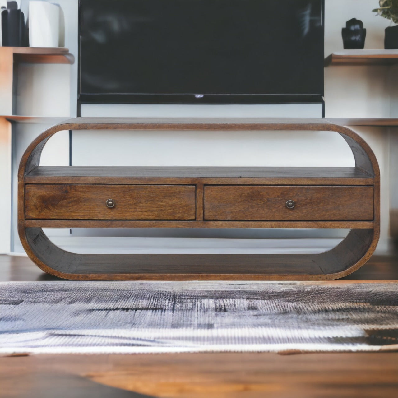 Solid Wood Chestnut Curved Edge Media Unit With 2 Drawers