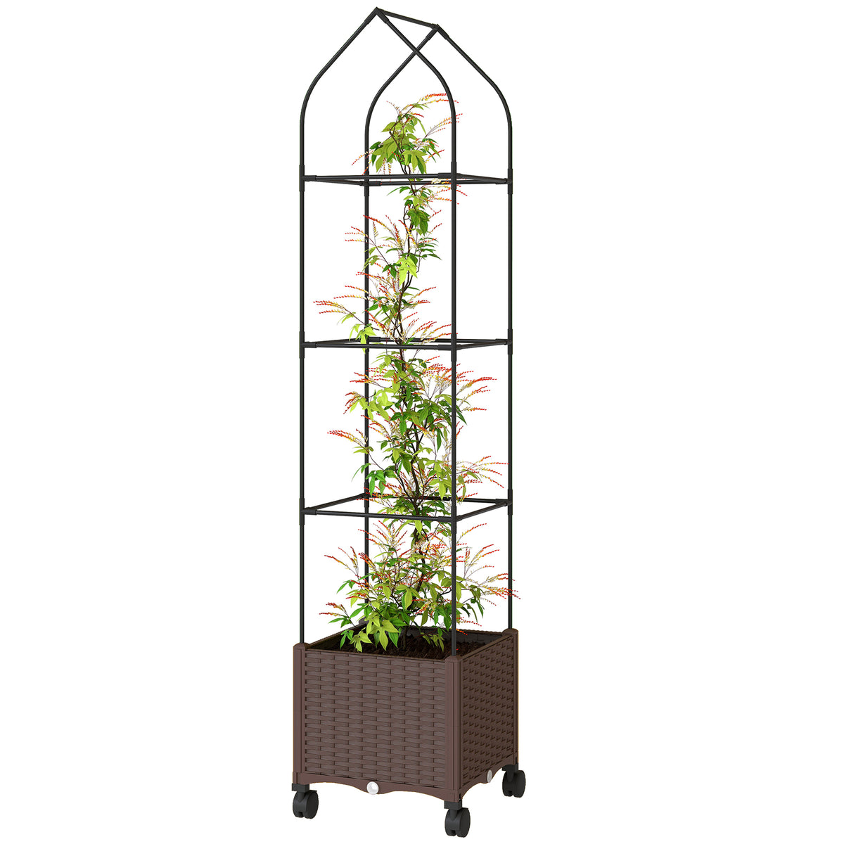 Outsunny Raised Garden Bed Tomato Cage With Trellis, Drainage Holes, Brown
