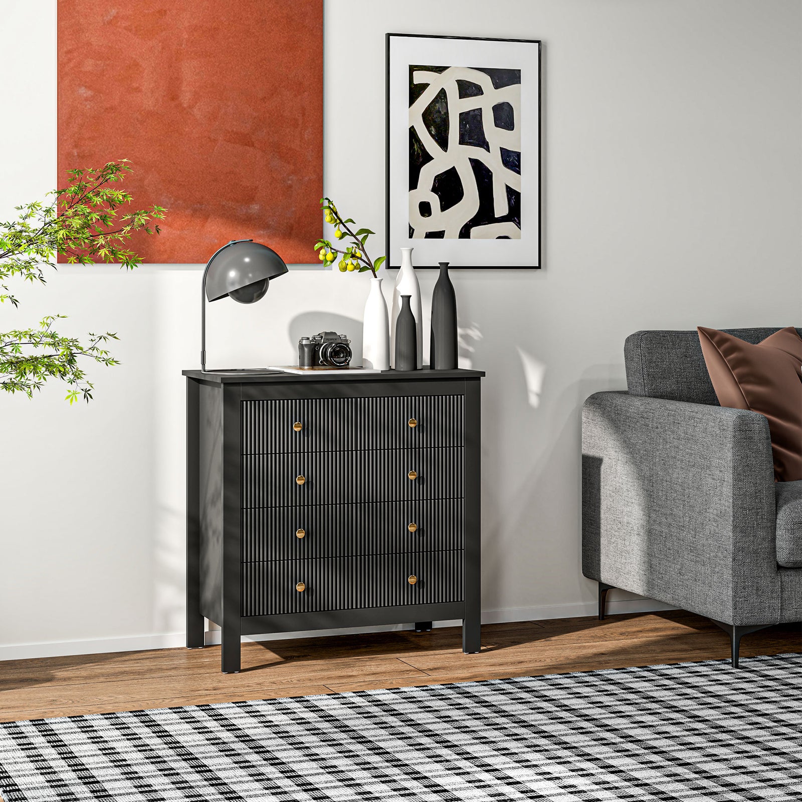 Fluted Bedroom Chest Of Drawers W/ 5 Drawers Gold Tone | One Size | Black