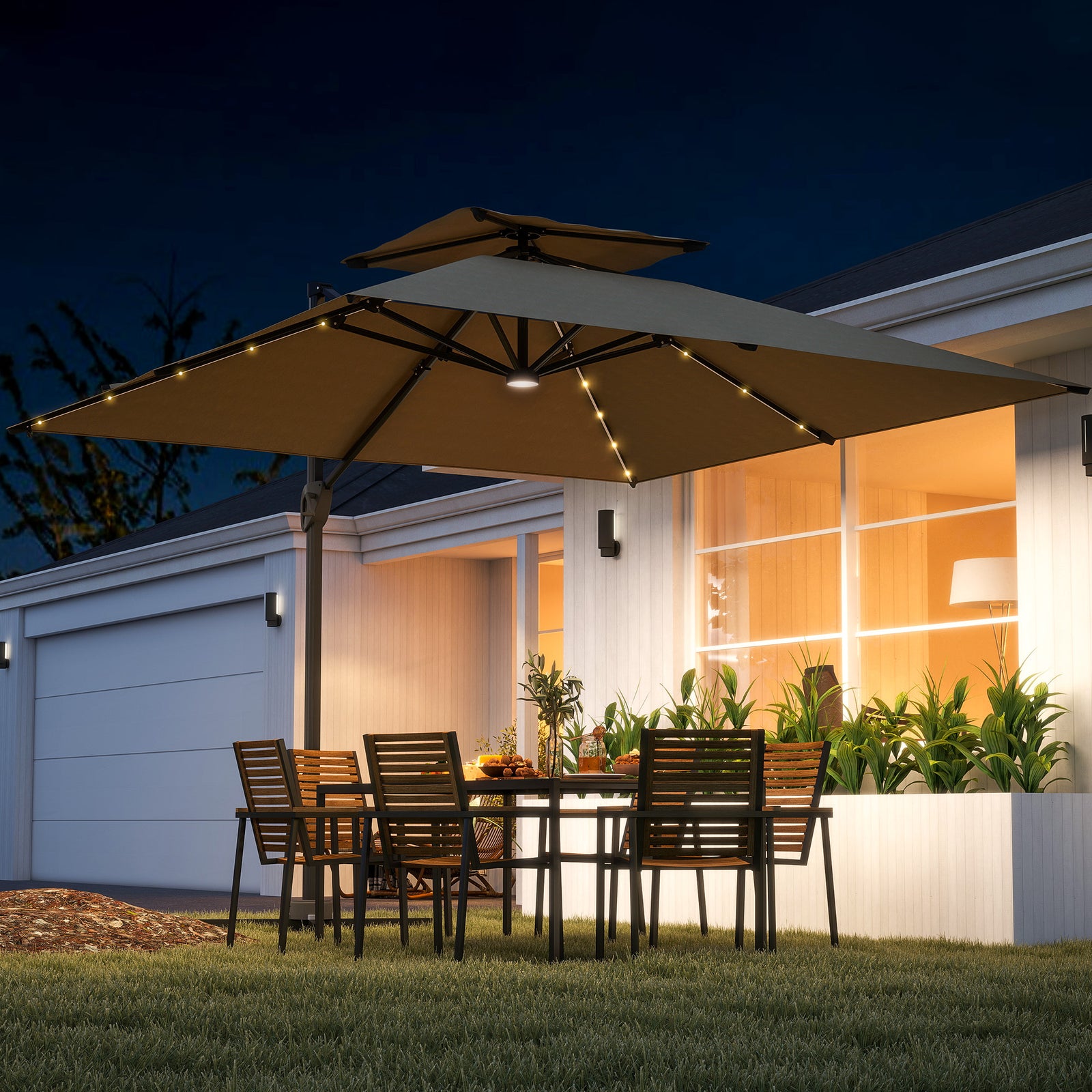 3.5x3m Cantilever Parasol, Solar Led Lights | Khaki