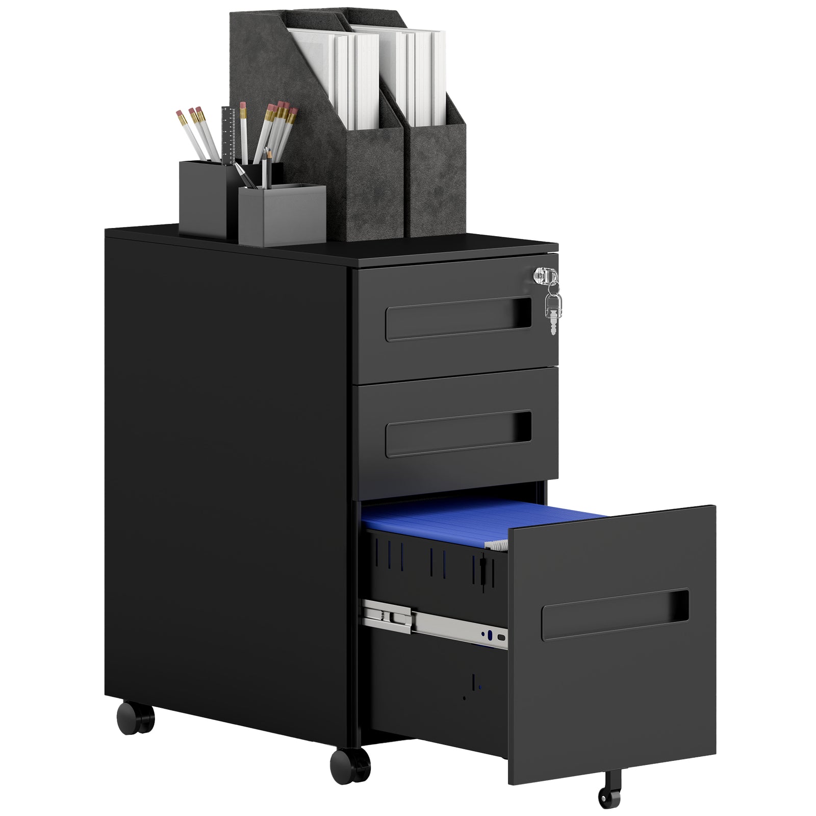 Lockable Mobile Filing Cabinet W/ 3 Drawers | Small | Black