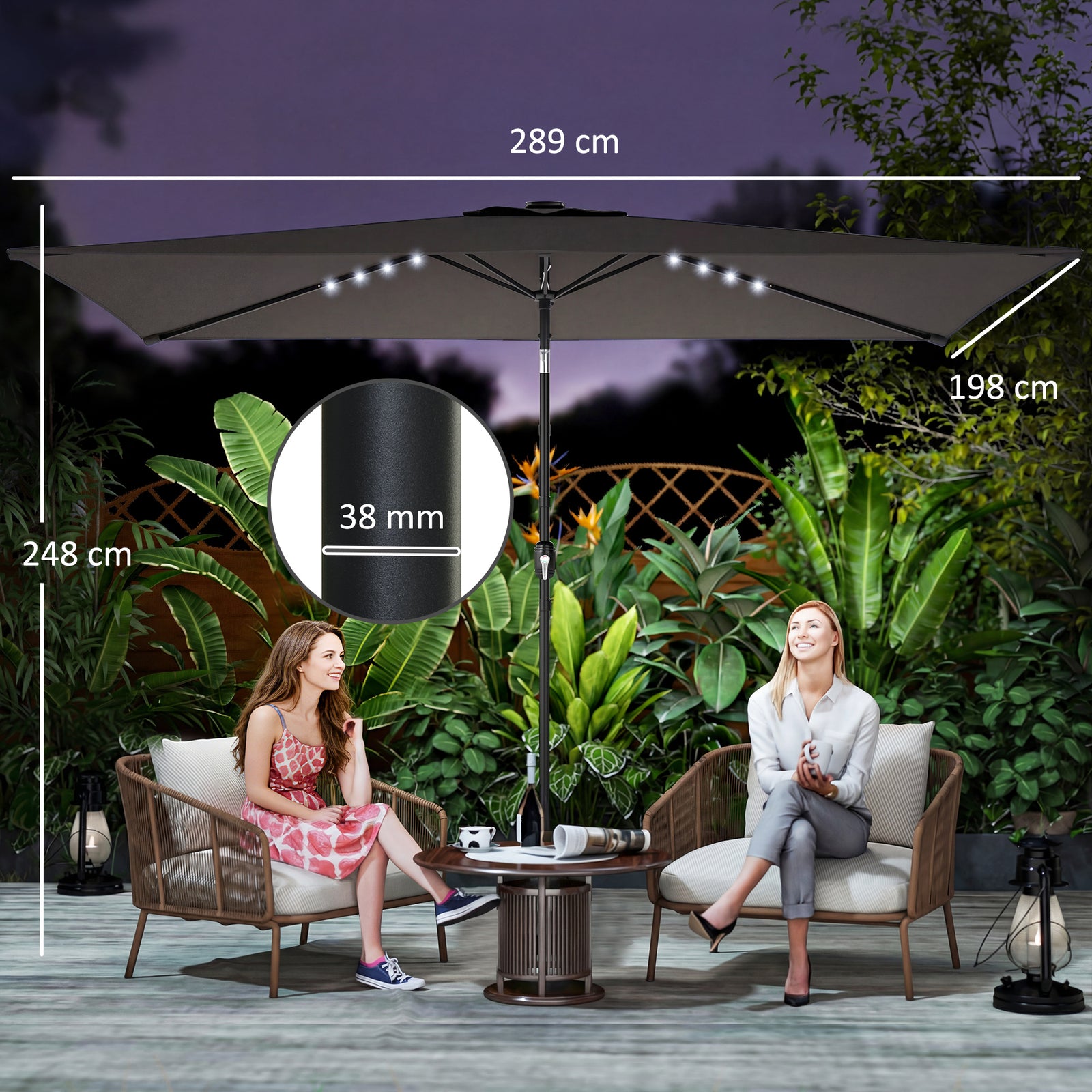 3 X 2 M Garden Parasol Umbrella With Light, Outdoor Patio Umbrella | Black