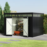 9.71 × 8.46 Ft Metal Garden Storage Shed Skylight Roof Shed,large Outdoor Tool House Flat Roof Storage & Lockable Door