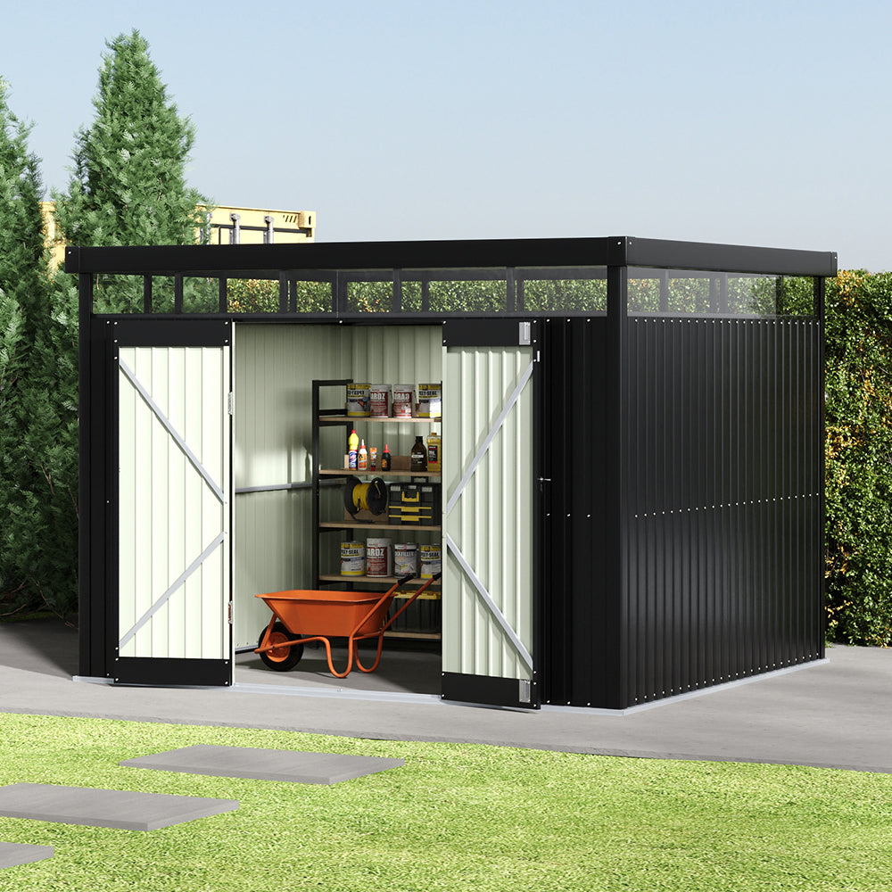 9.71 × 8.46 Ft Metal Garden Storage Shed Skylight Roof Shed,large Outdoor Tool House Flat Roof Storage & Lockable Door