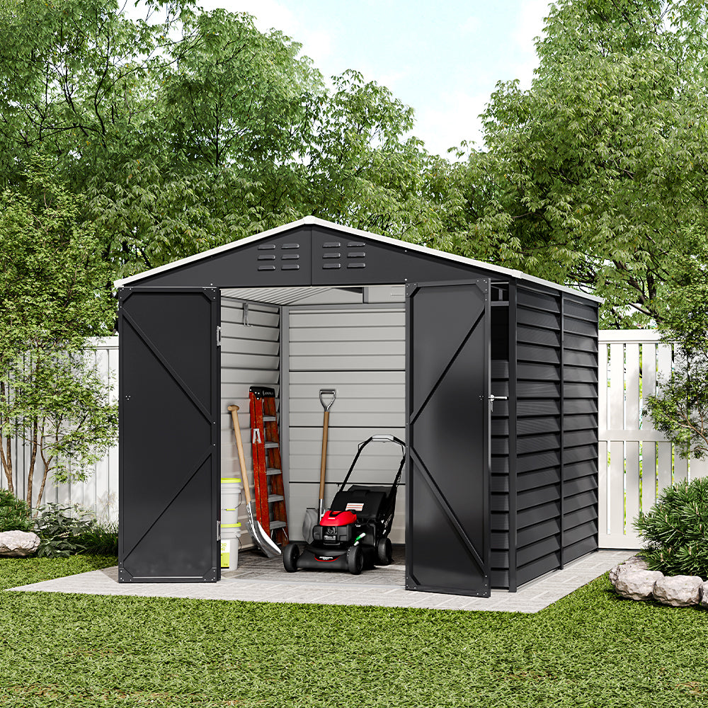 8.08 ft x 8.53 ft Durable Charcoal Steel Garden Tool Shed with Windows, Ventilation, and Shelving – Spacious, Secure Storage for Outdoor Equipment