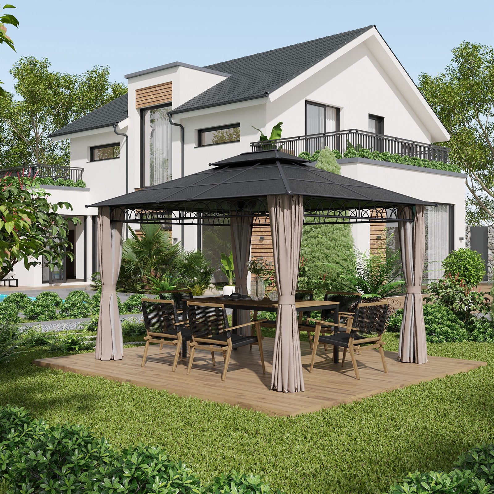 Double roof Hard Top Gazebo With Nettings & curtains | Large | Black