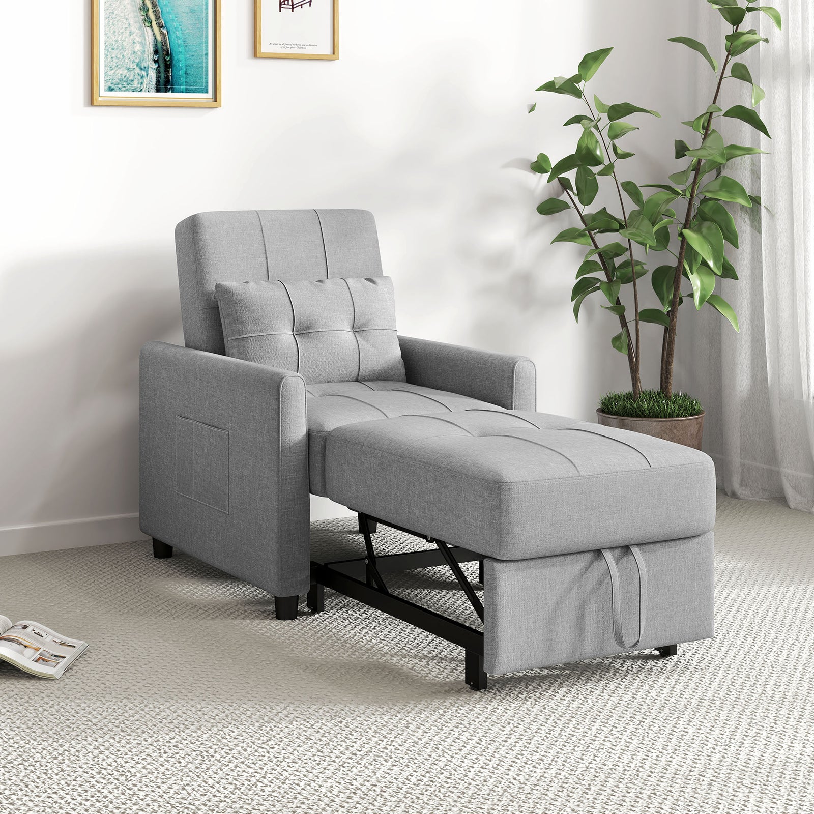 Pull Out Chair Bed Sleeper Chair With Pillow Side Pockets | One Size | Charcoal Gray