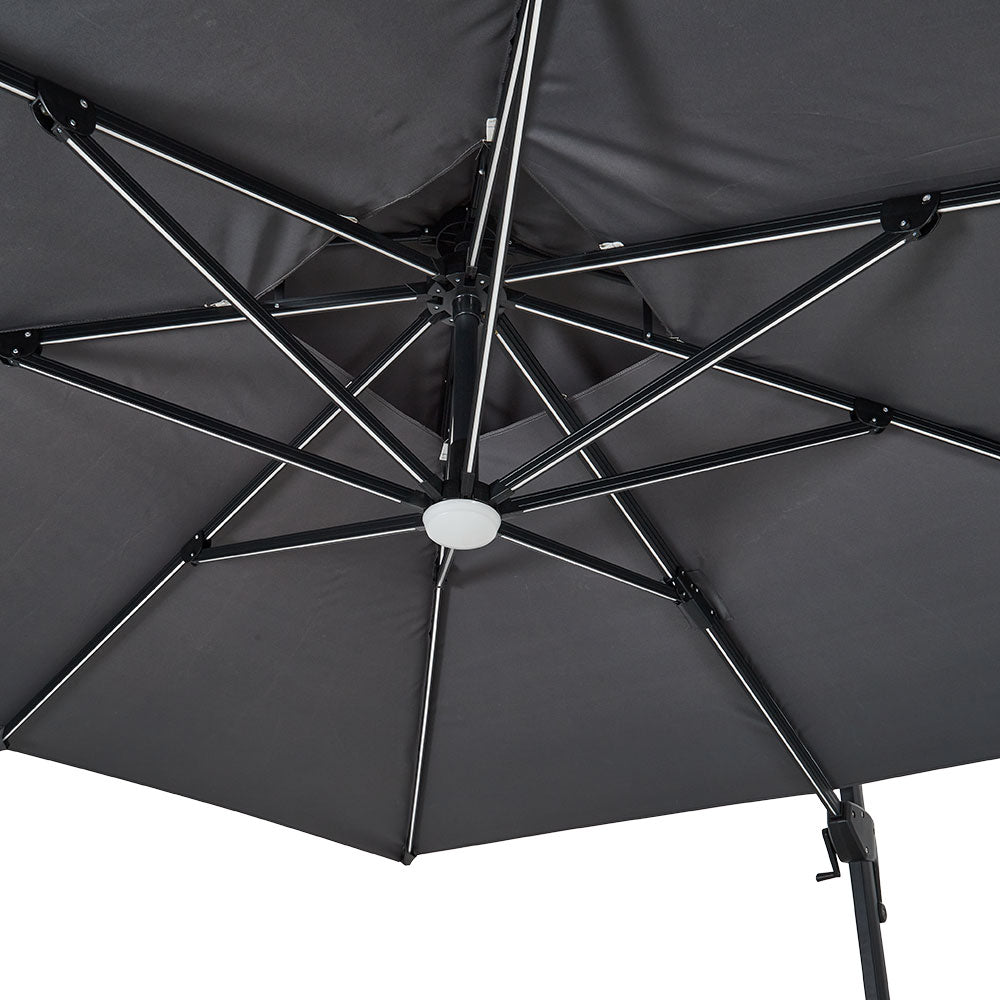 Double-tier 3m Square Solar Led Patio Umbrella Adjustable Height, 360° Rotation With Foot Pedal,cross Base Included