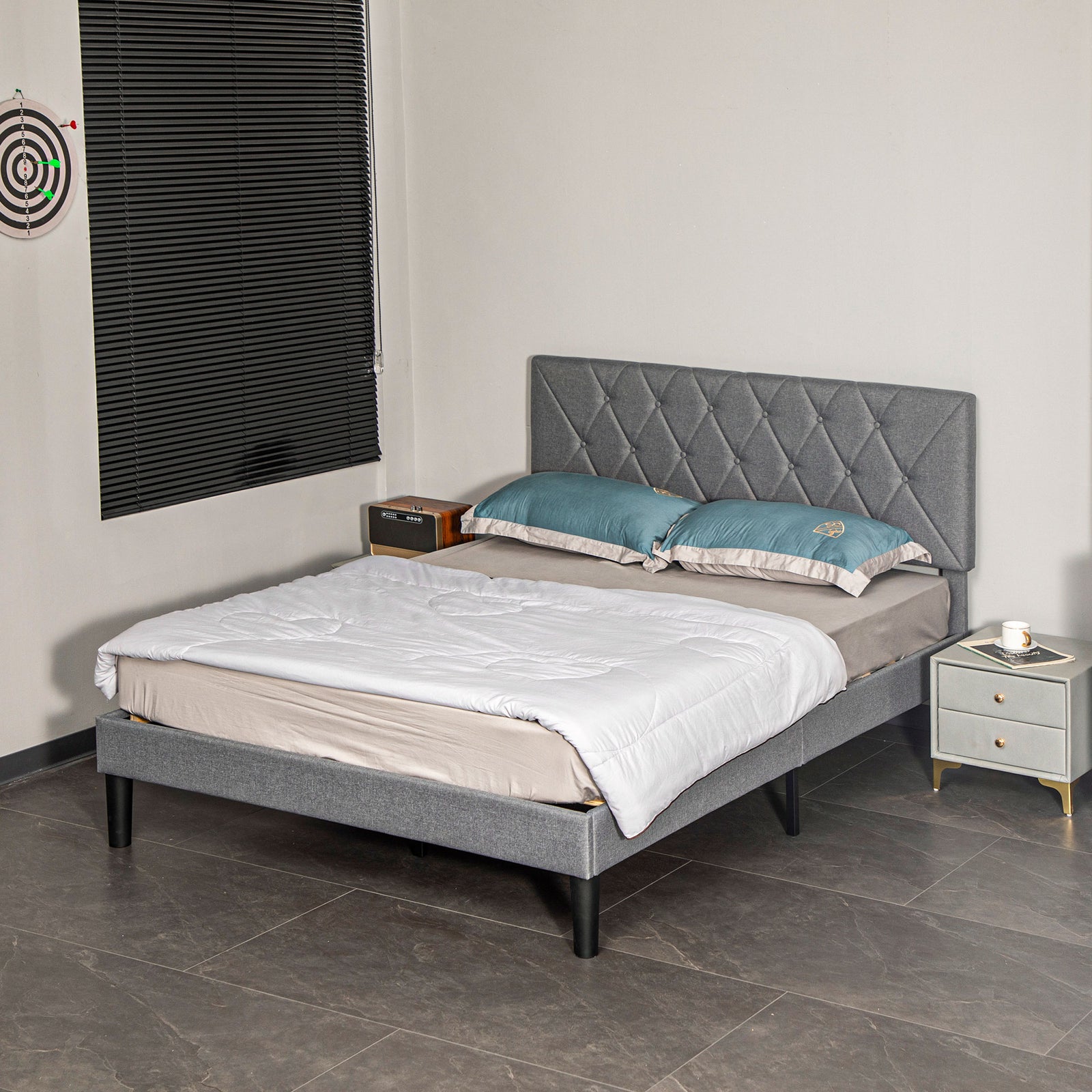 Double/king Bed Frame W/ 5 Level Adjustable Linen Headboard | Double