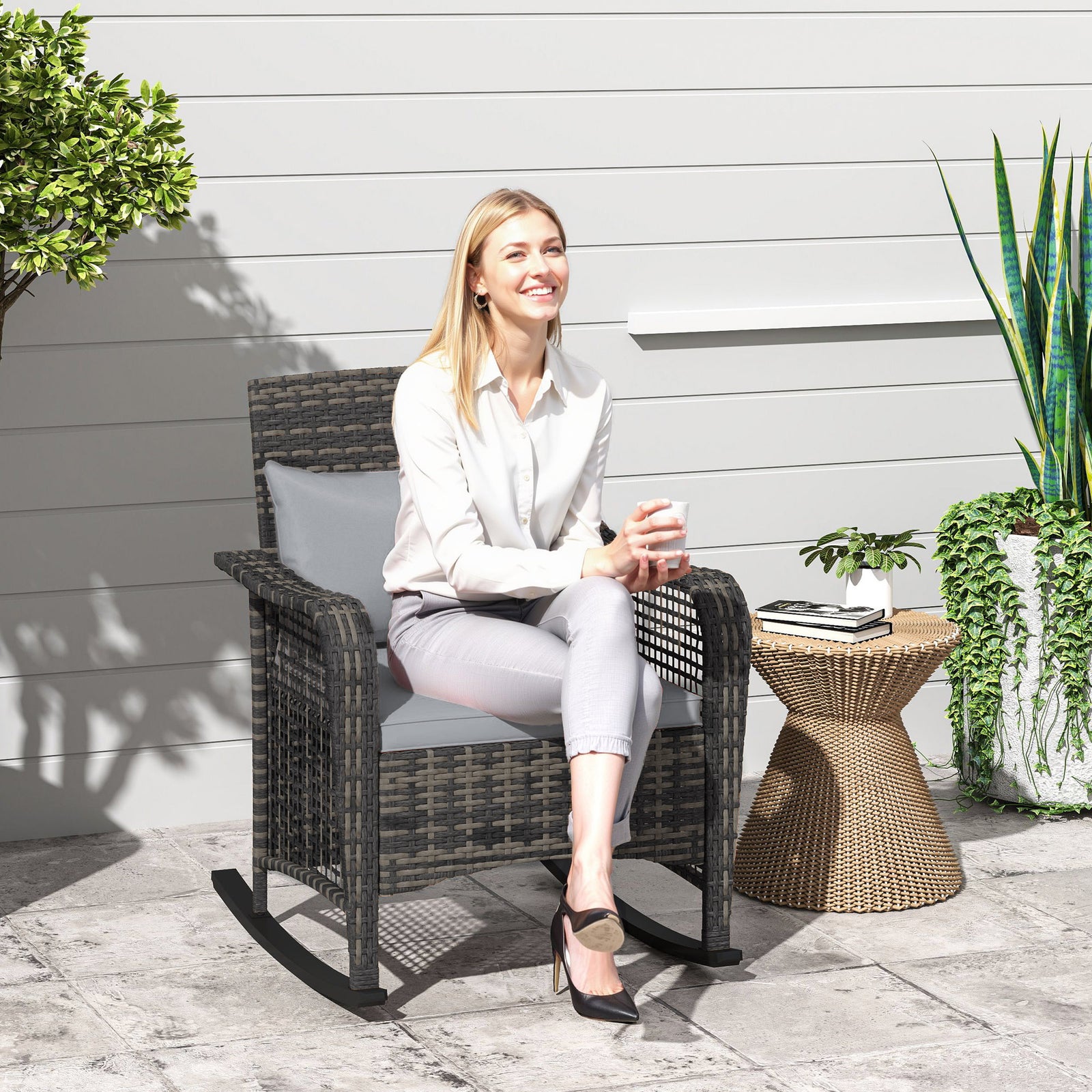 Garden Rocking Chair, Rattan Rocker With Cushions | Light Grey