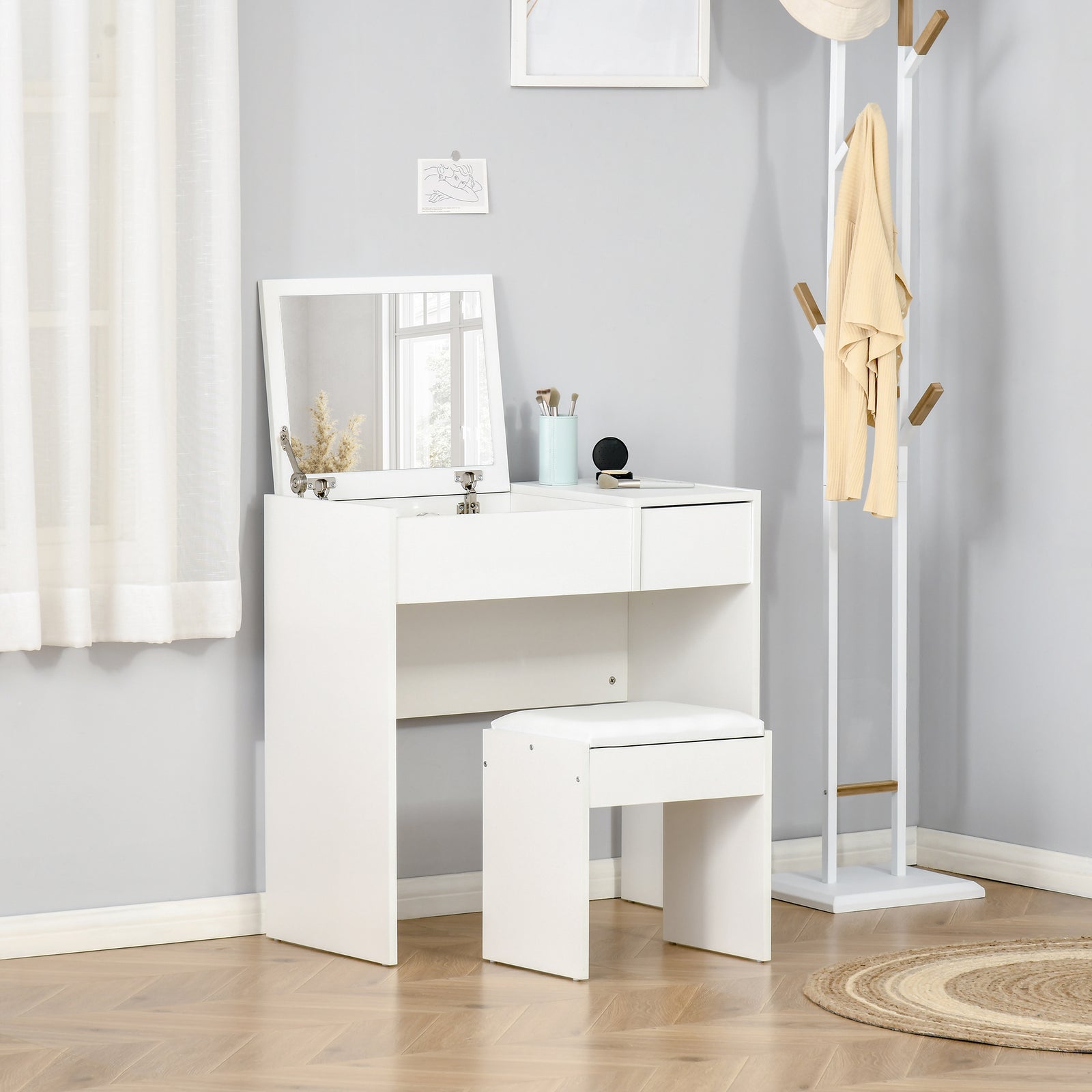 Dressing Table Set Cushioned Stool Flip-up Mirror Drawer | One Size | White