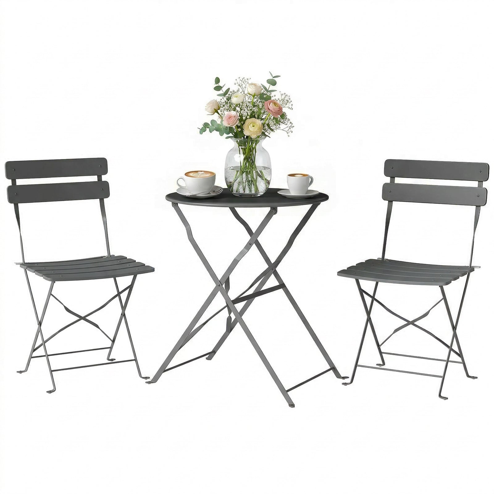 Folding Bistro Set With Round Garden Table And Chairs | Grey