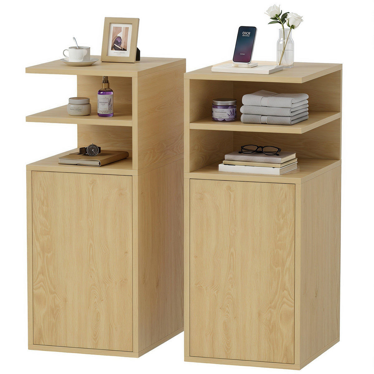 Slim Bedside Table Set Of 2 With Open Cubbies And Cupboard | Oak