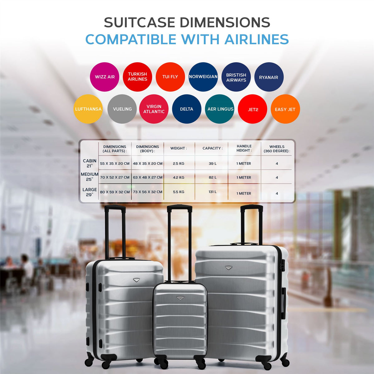 Set Of 3 Hard Shell Suitcase Cabin & Check In Cases With Tsa Lock - Overhead Cabin With Medium & Large Check-in Bag | Set of 3 | Steel