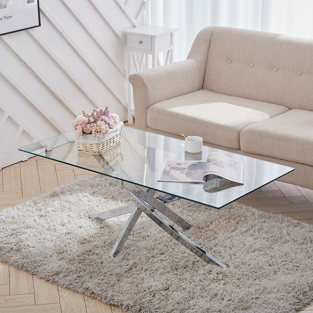 Rectangular Tempered Glass Dining Table With Chrome Cross Legs | Medium
