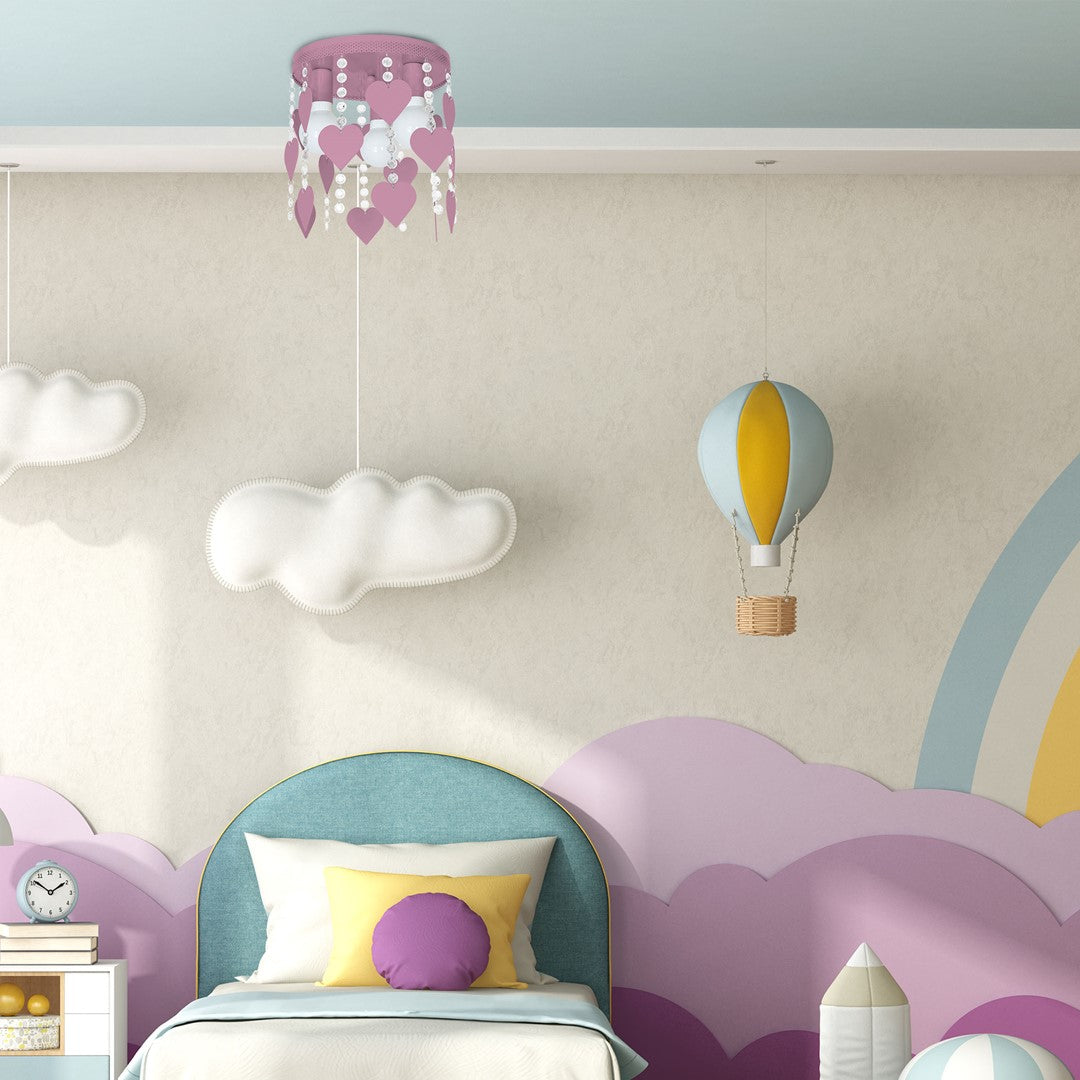 Corazon Pink Ceiling Lamp 3xe27 Delightful Hand Made Bedroom Centrepiece In Baby Pink With Hearts And Crystals