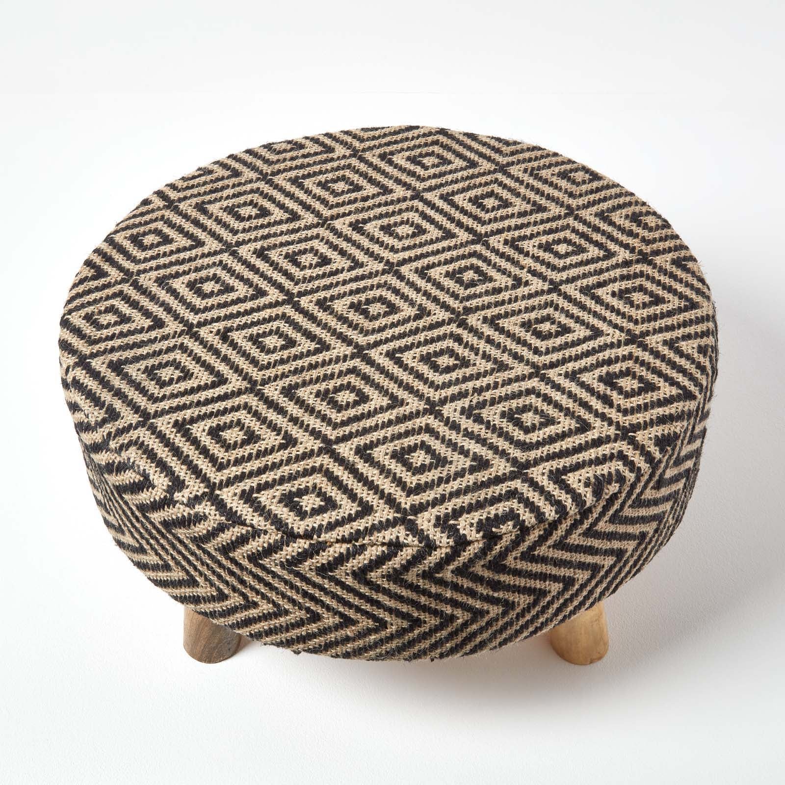 HOMESCAPES Black And Natural Circular Footstool With Diamond Pattern