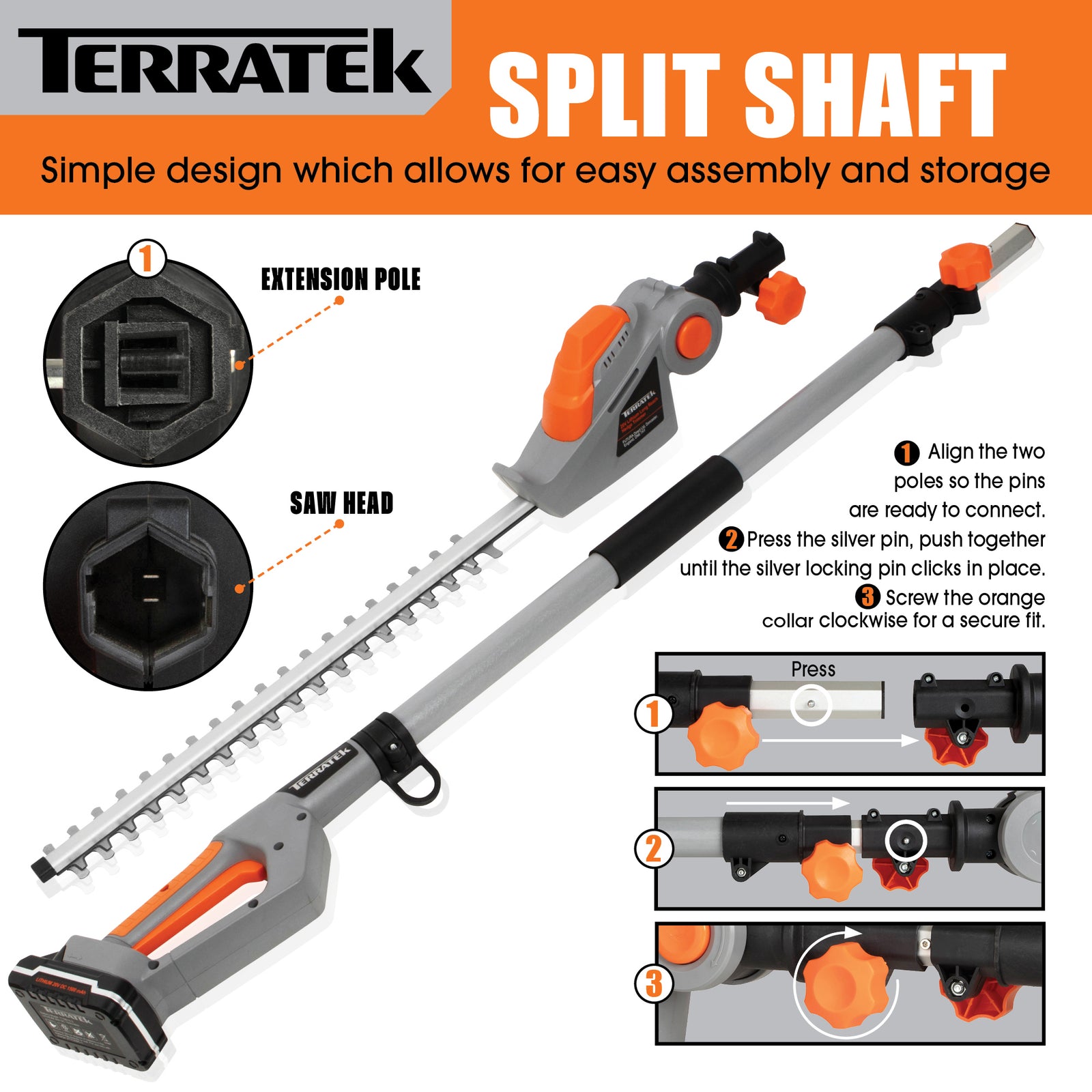 20v Cordless Hedge Trimmer Long Reach Telescopic Garden Hedge Cutter, 1 Hr Fast Charge Battery & Charger Included | 2 Batteries + 1 Charger | Grey